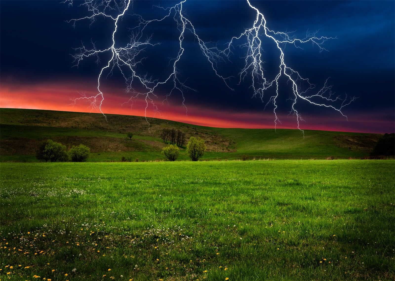 17x10FT (5.2x3m) Tempesta Di Fulmini Su Prato Verde Sfondo Fotografico | Tempo Drammatico In Campagna Fondale In Tessuto,Molti Fulmini Bianchi,Per Eventi Meteo E Ritratti Drammatici,Photo Booth