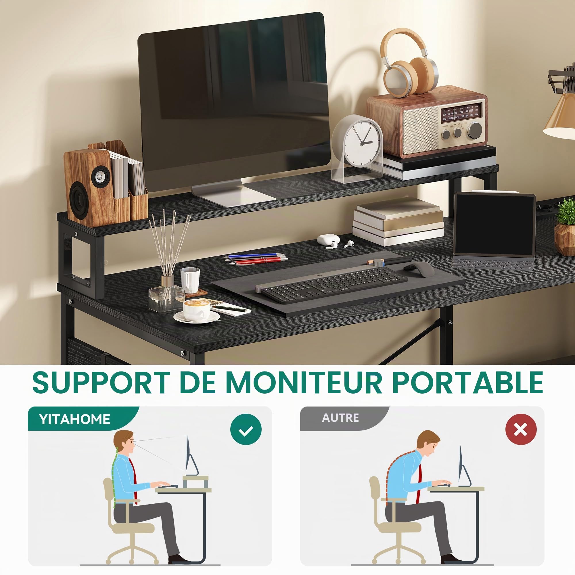 YITAHOME Bureau d'angle 4 Tiroirs USB Prise Réversible 130x100cm Noir