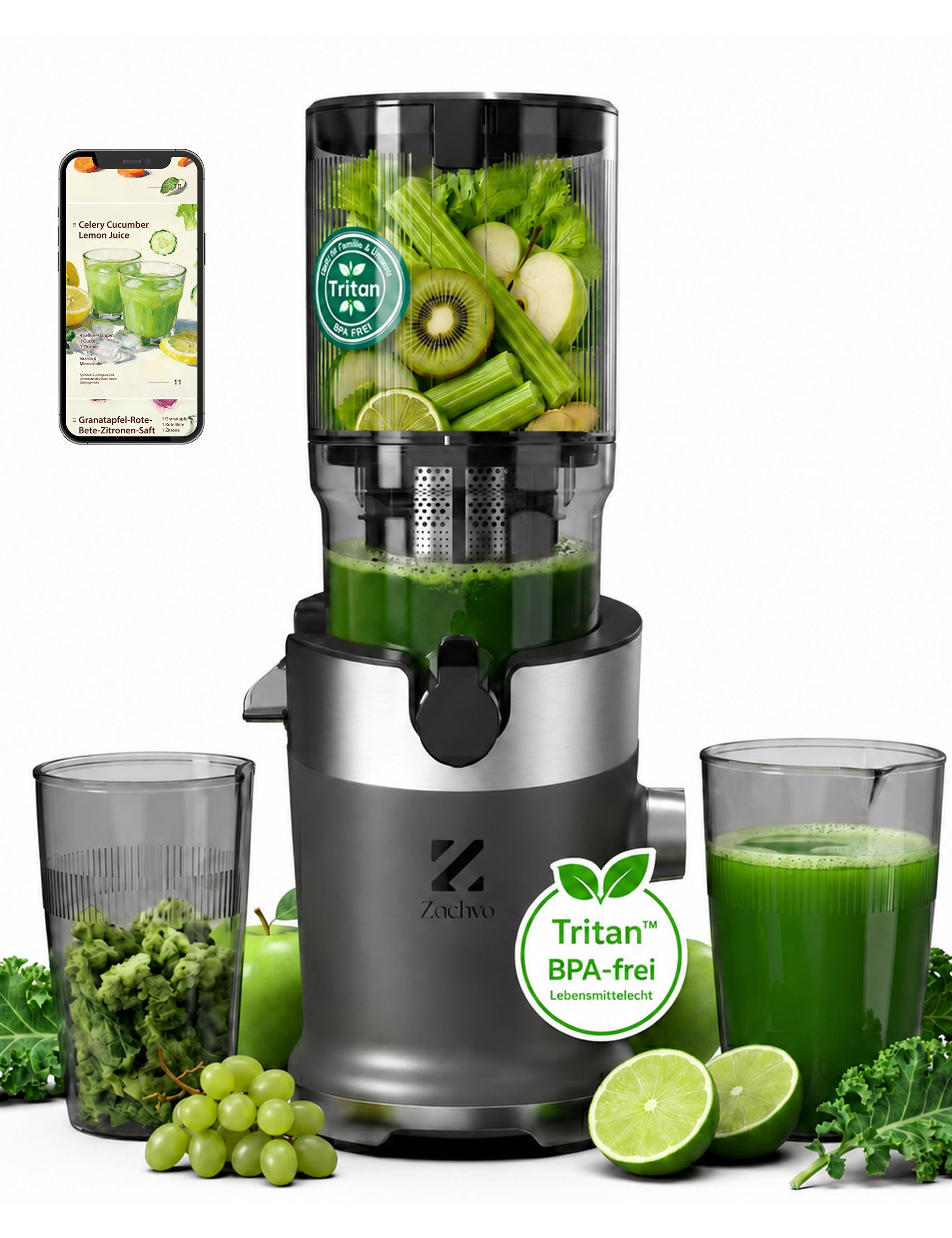 Slow Juicer Entsafter BPA-frei Tritan 130 mm Einfüllöffnung 1,5 L Kaltpress-Saftpresse 220 W