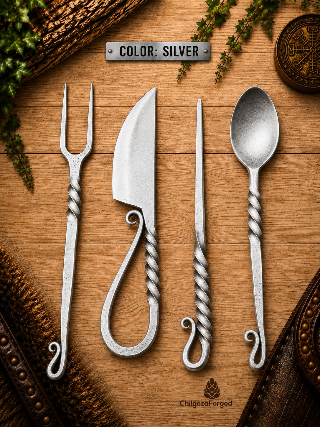Chilgoza Forge Hand Forged Viking Cutlery Set with Leather Cover, 4-Piece Medieval Silverware Set, Handmade Knife, Fork, Spoon & Pick, Double Twisted Handle Rustic Flatware for Camping & Dining-Silver