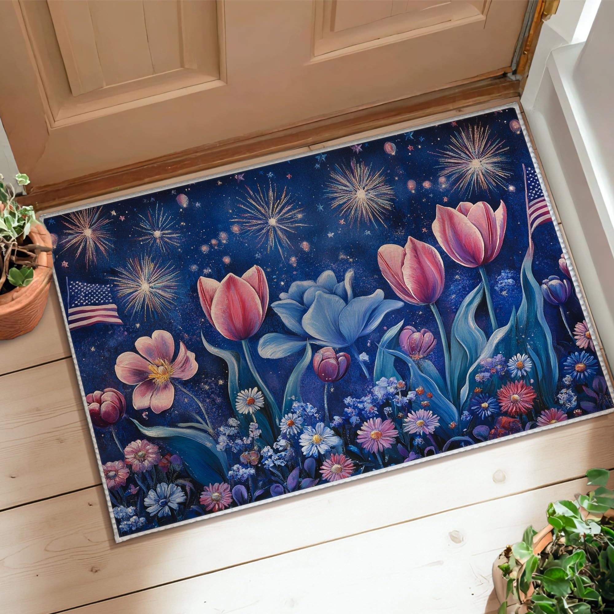 Tapis tulipes bleu anti-peluche : la solution idéale pour sécuriser et décorer votre cuisine
