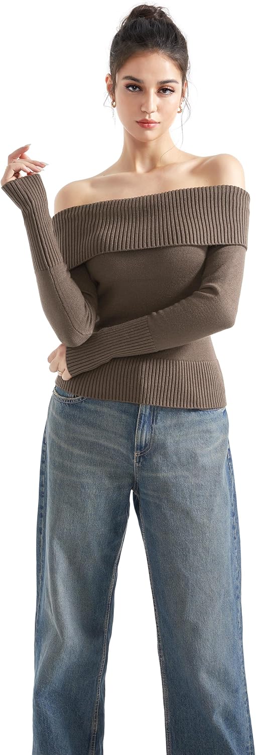 SUUKSESS Women Off Shoulder Sweaters Long Sleeve Ribbed Knit Going Out Sweaters Tops Blouse - Image 2