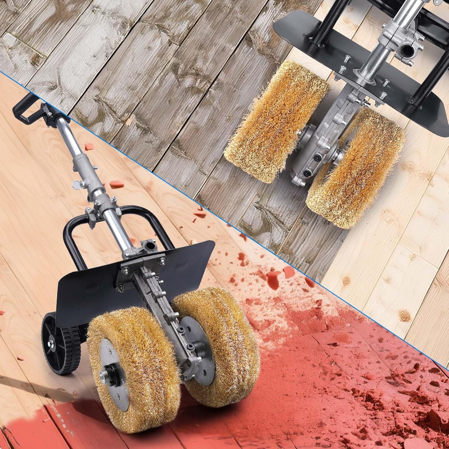 3850W 6in1 Satiniermaschine für Holz Metall, Unkrautentferner zum Fugen | 2X Ø180mm Schleifbürste, 4000RPM, 6 Stufen, Schleifmaschine mit Lang Griff, Bürstenschleifer zur Renovierung von Oberflächen