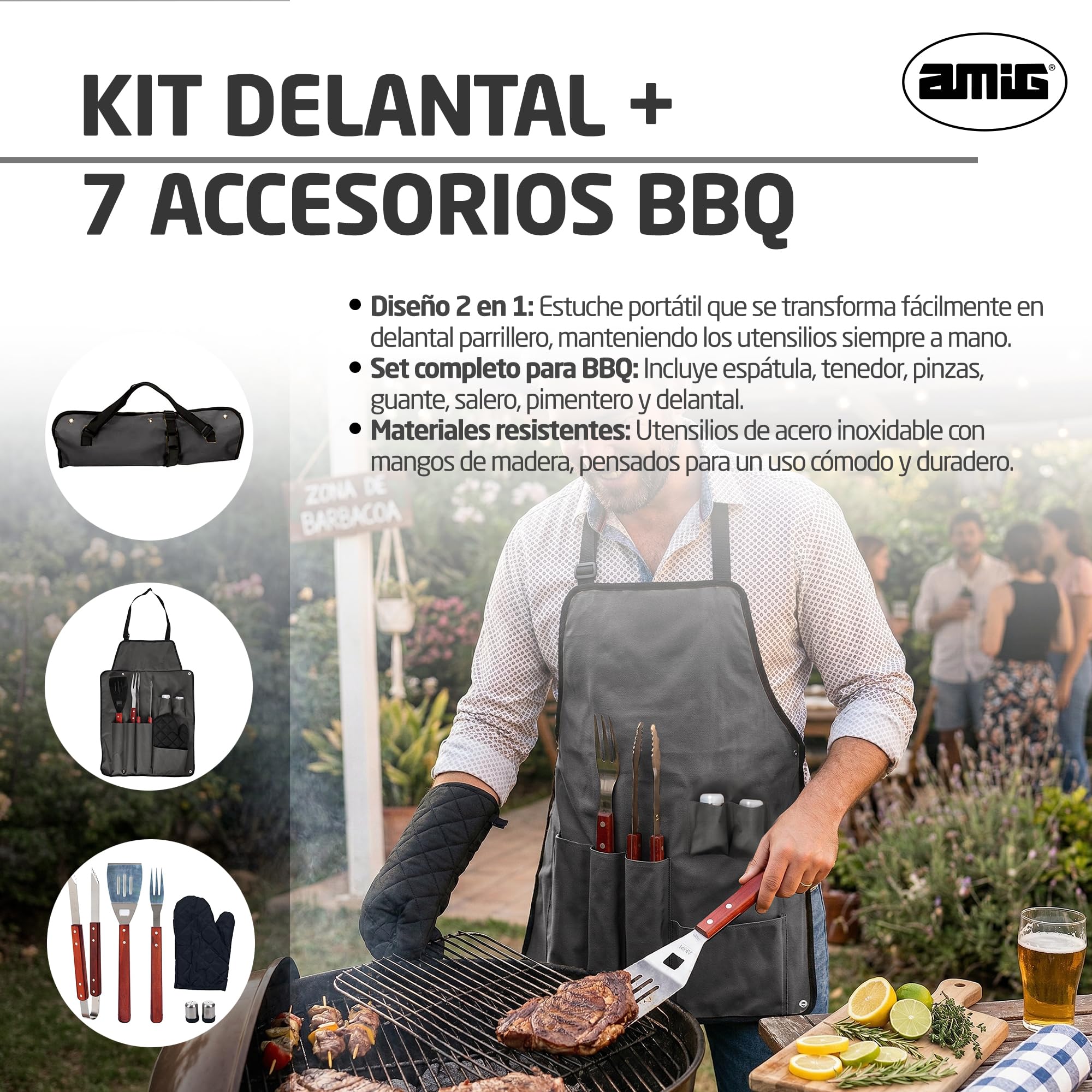Amig - Delantal Barbacoa con 7 Accesorios - Acero Inoxidable - Set Utensilios BBQ - con Bolsillos - Accesorios Prácticos y Presentación Cuidada para Regalo - Mod. AM17