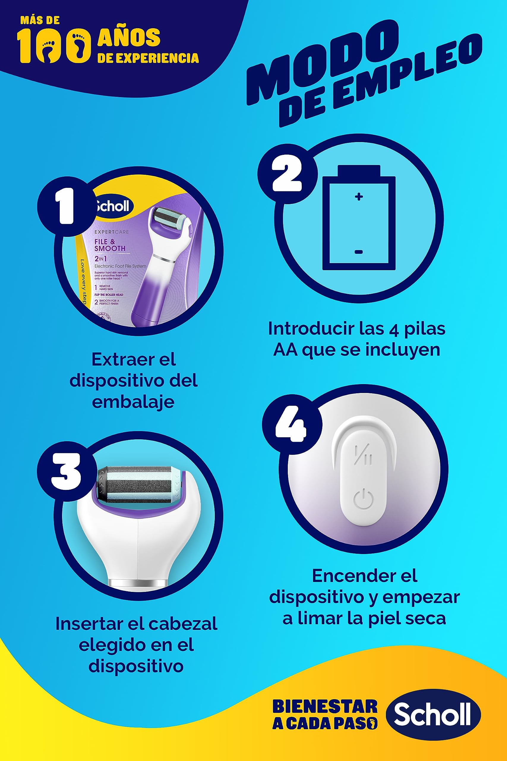 Scholl Expert Care Limar y Alisar 2 en 1 Lima Eléctrica para Pies - Quita Durezas y Elimina Callos, Pedicura Profesional, Uso en Casa para Pies Suaves, Exfoliante con Cabezal Repuesto, Lima Morada