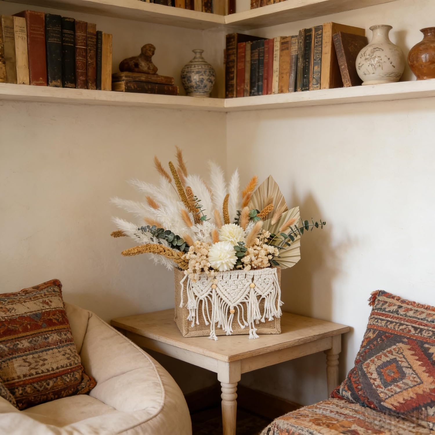 Boho Dried Flowers Decor with Crochet Basket Real Natural 8Kinds Pampas Grass Eucalyptus Leaves Artificial Mums for DIY Crafts Bohemia Indoor Home Wedding Tables Centerpieces Floral Arrangements