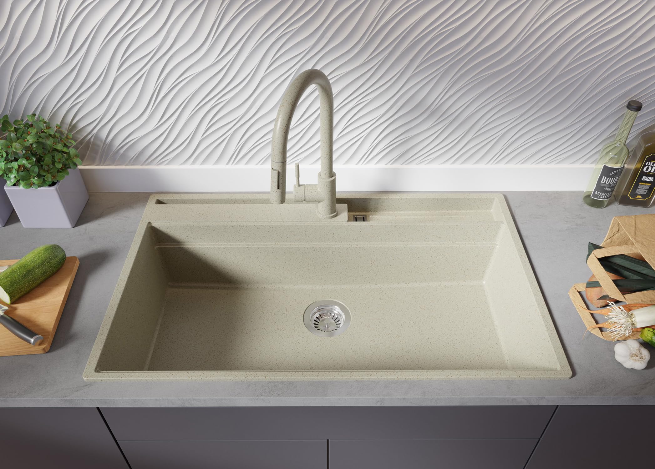 PRIMAGRAN Evier Cuisine en Granit au Meuble 90cm + Kit de Vidage, 88x53cm