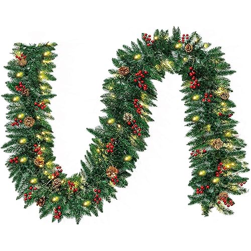 10FT Christmas Garland with 50 LED Lights - Pre-lit Outdoor Xmas Garland - Battery Powered Waterproof String Light with Timer - Pine Garland with Red Berries Snow Pine Cones - 10 Foot by 10 Inch