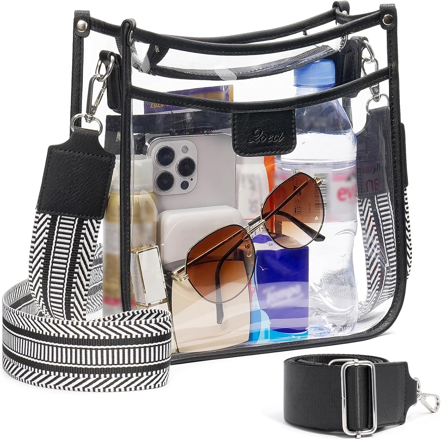 QOECI 3 Pockets Large Clear Bag for Stadium Events with 2 Long Straps Purse for Women Crossbody Bag Concert Stadium Approved | 3 Pockets, Large, Stadium Events, 2 Long Straps, Concert, Stadium Approved