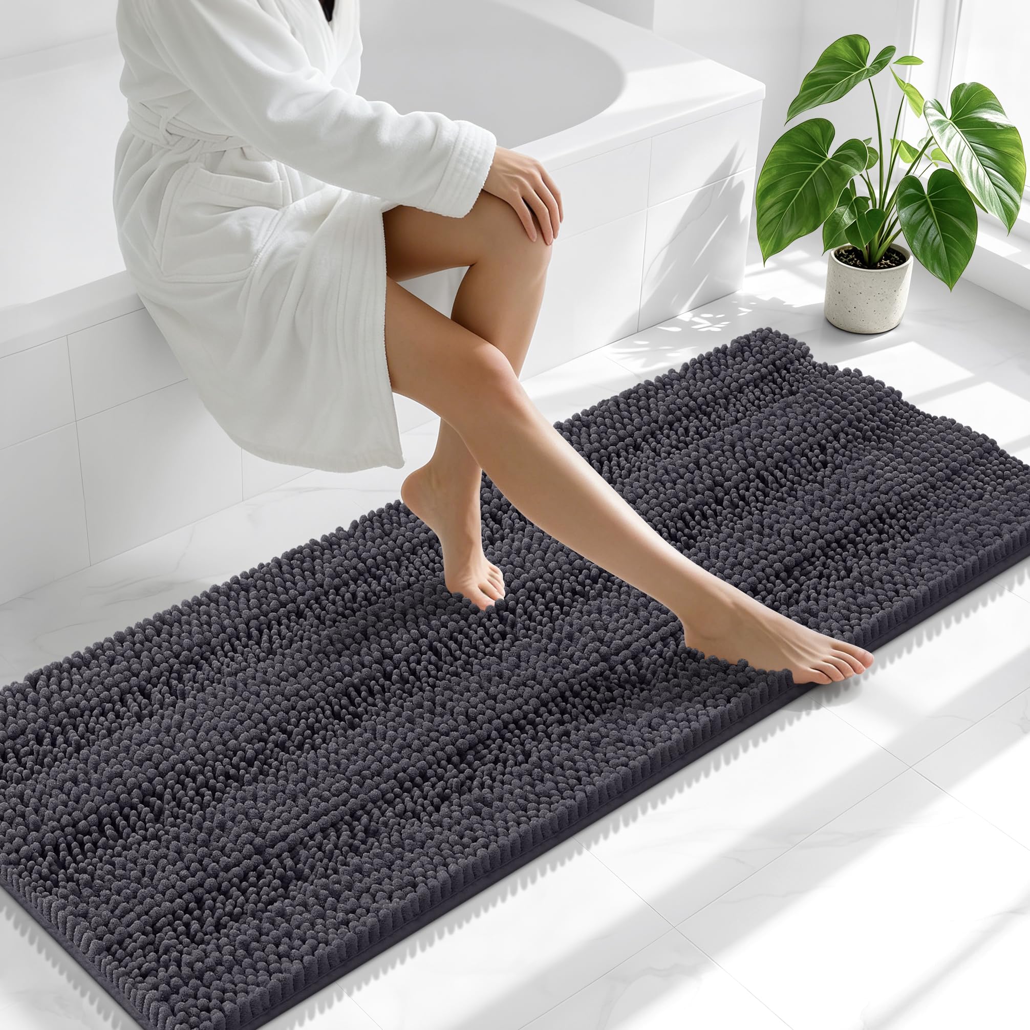 Smiry Thick Chenille Bathroom Runner Rugs 59x20, Soft Bath Mat, Dark Grey