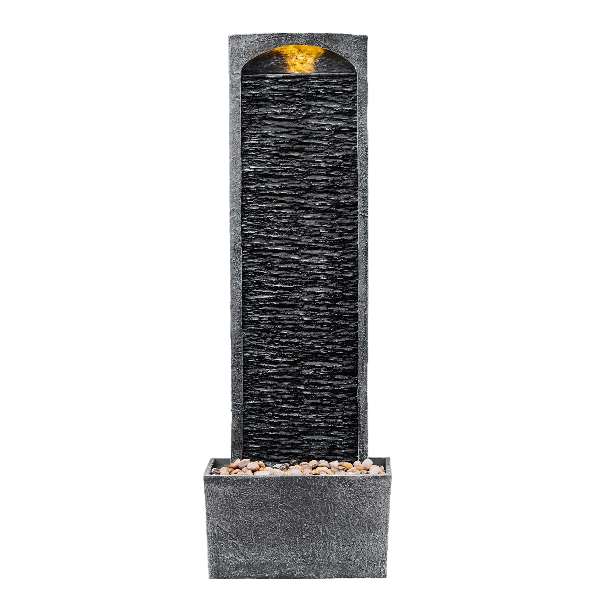 Teamson Home 38.5" Faux Slate Contemporary Outdoor LED Waterfall Fountain with Pebble Base, Gray/Black