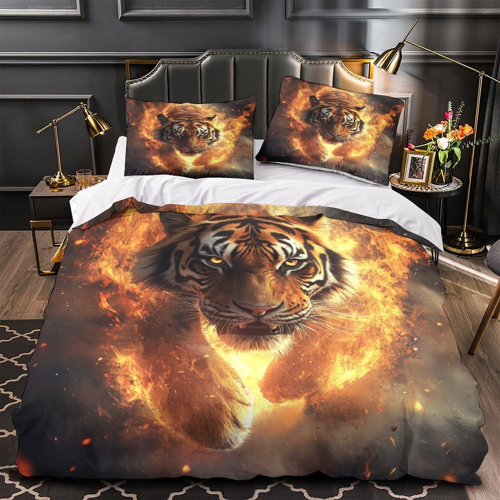 Housse de couette tigre de feu 3D anti-tache facile à laver pour lit enfant ou single