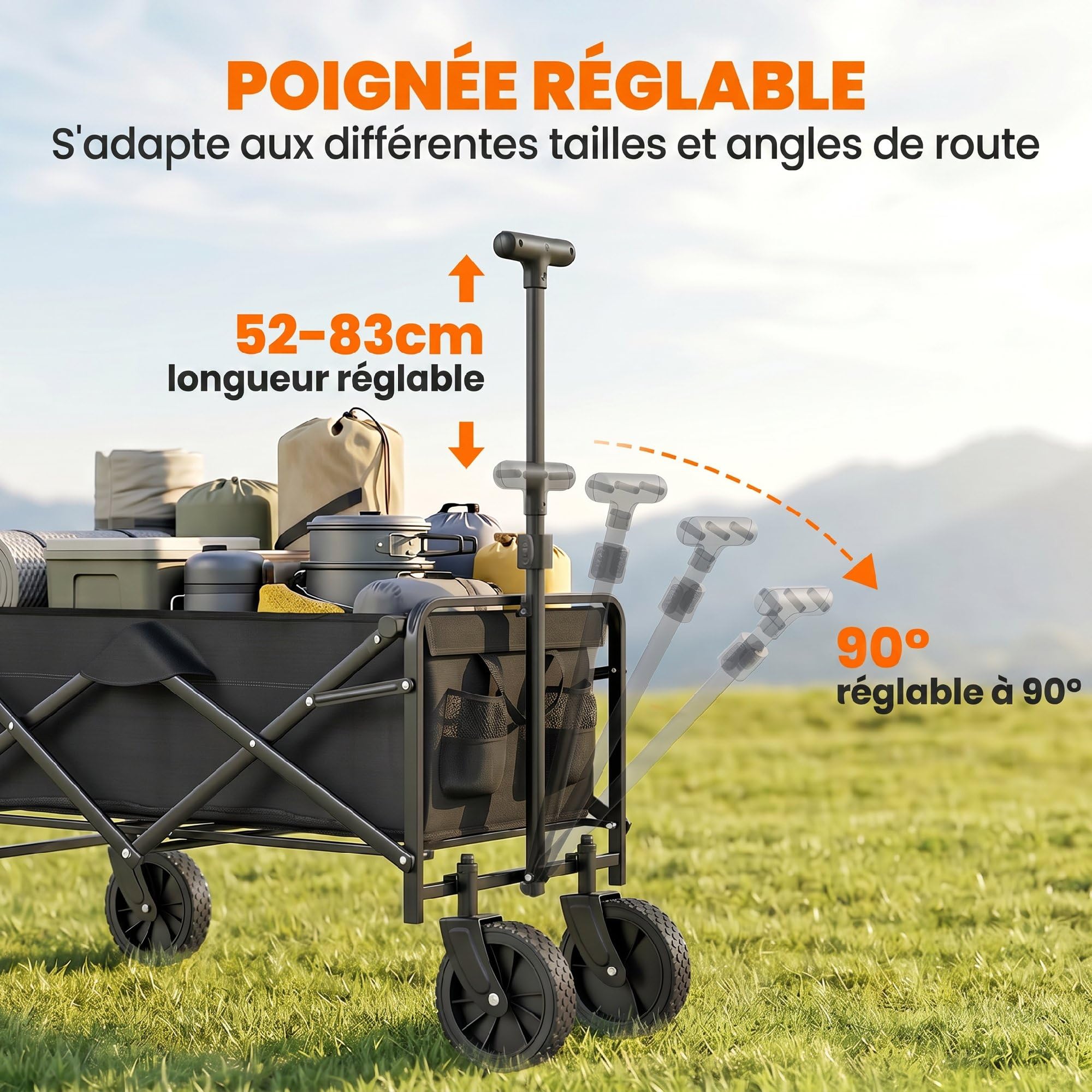 Outsunny Chariot de Transport Pliable, Chariot de Plage 4 Roues Dont 2 Roues Universelles, 140L 100 kg, Poignée Télescopique Inclinaison Réglable Plateau Pliable, pour Plage, Camping, Jardin, Noir