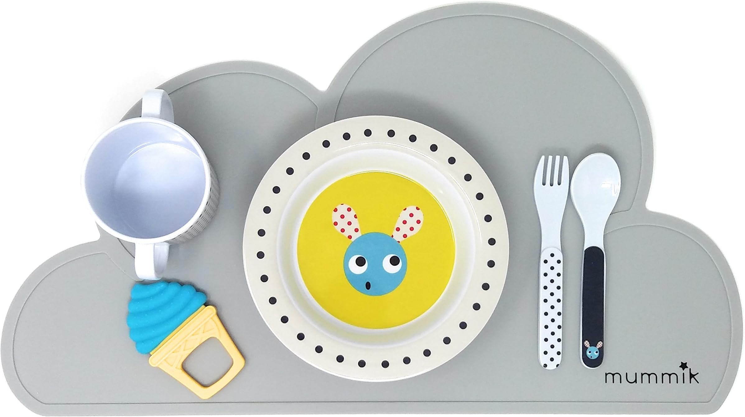 Mummik 2 Pack Silicone Cloud Placemat, Non Slip Portable Table Mat for Toddlers, Babies and Kids, Stylish Multi-Purpose Portable Table Ware, Childrens Placemat (Light Grey) | Silicone Teether Included