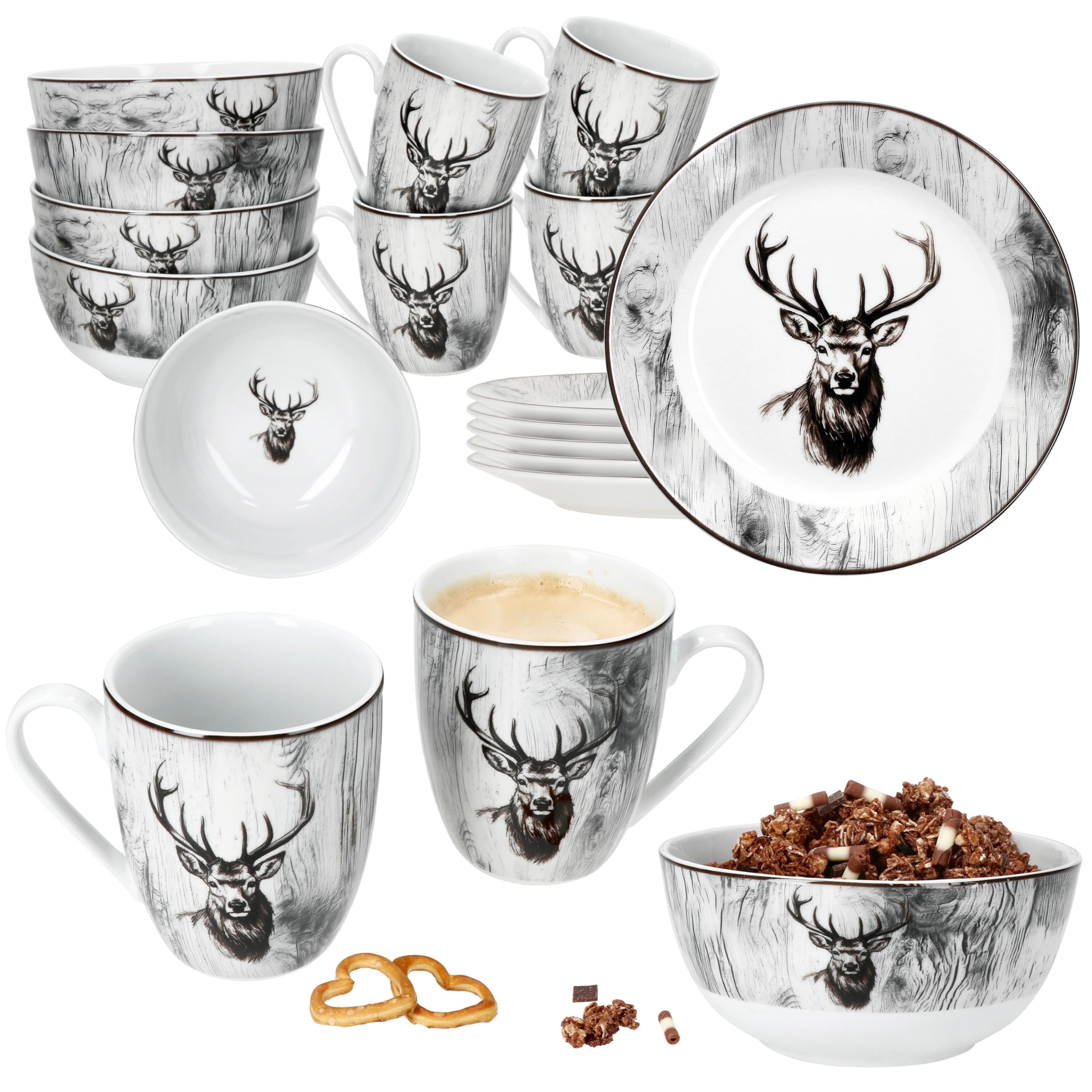 MamboCat Alois 18tlg Frühstücksset I je 6x Frühstücksteller, Müslischalen & Kaffeebecher aus Porzellan I 6 Personen I Holz-Optik & Hirschmotiv in Schwarz-Weiß I für Frühstück & Kaffee