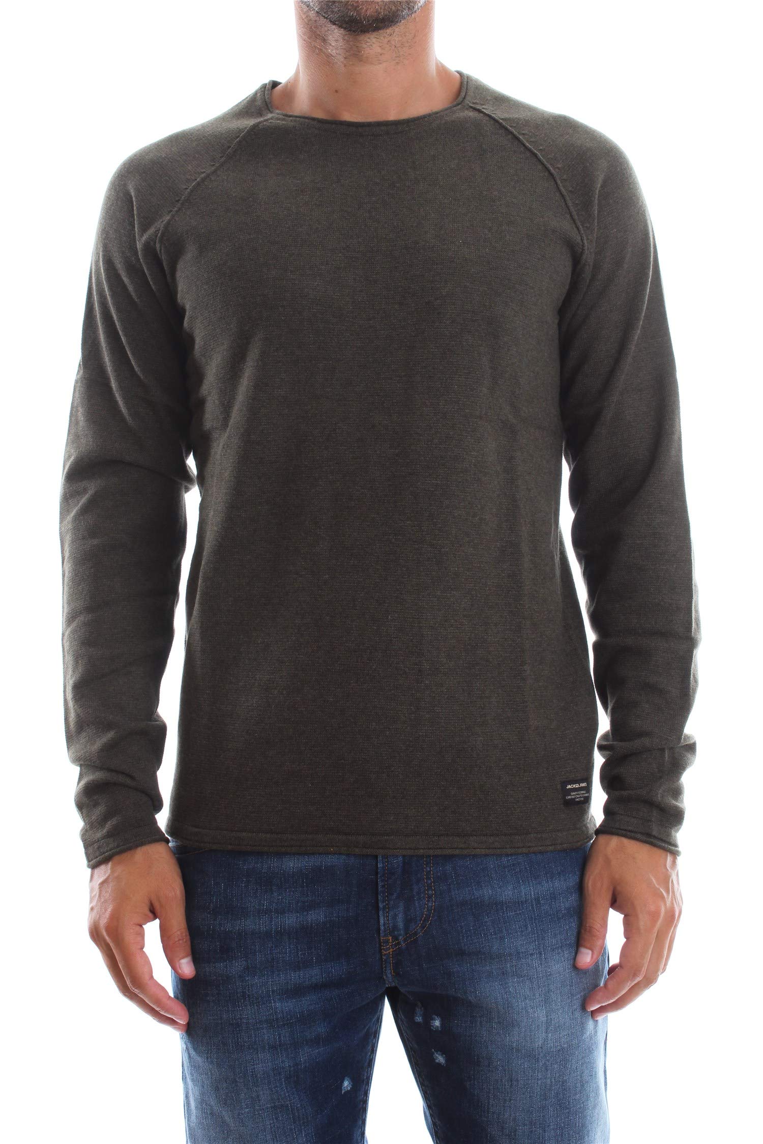 JACK & JONES Male Knitted Jumper with Crew Neck Plain Knitted Jumper with Crew Neck, Olive Night, XL