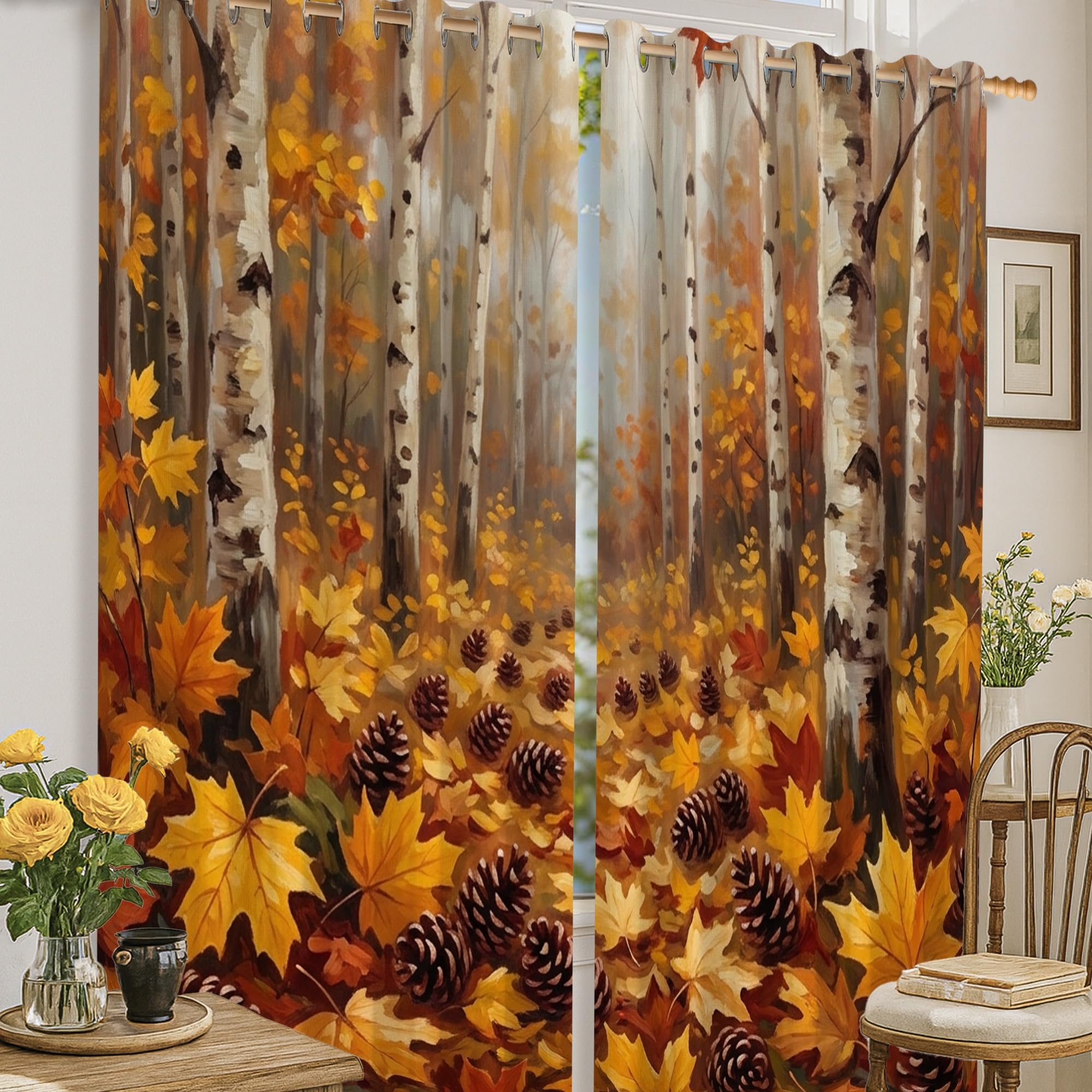 Rideaux occultants motif bouleaux orange automne rustiques 132x183cm