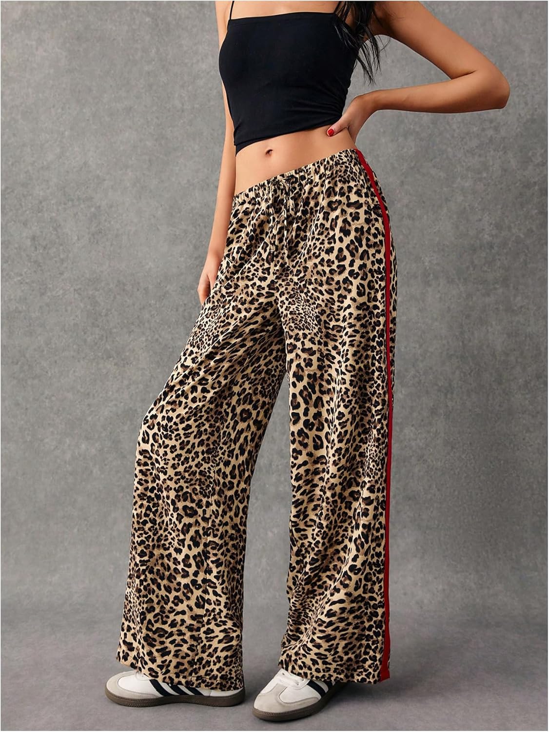 WDIRARA Women's Leopard Print Side Striped Wide Leg Sweatpants High Waisted Drawstring Baggy Pants - Image 5