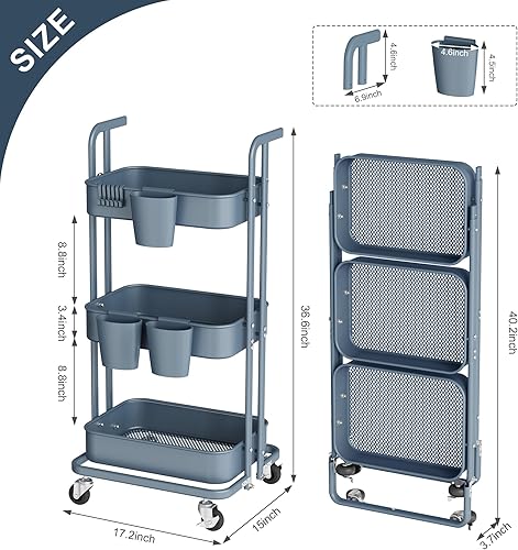 Vista 38 de DTK Carrito plegable de 2 niveles, carrito utilitario de metal con ruedas bloqueables, carrito de almacenamiento plegable para sala de estar, Negro