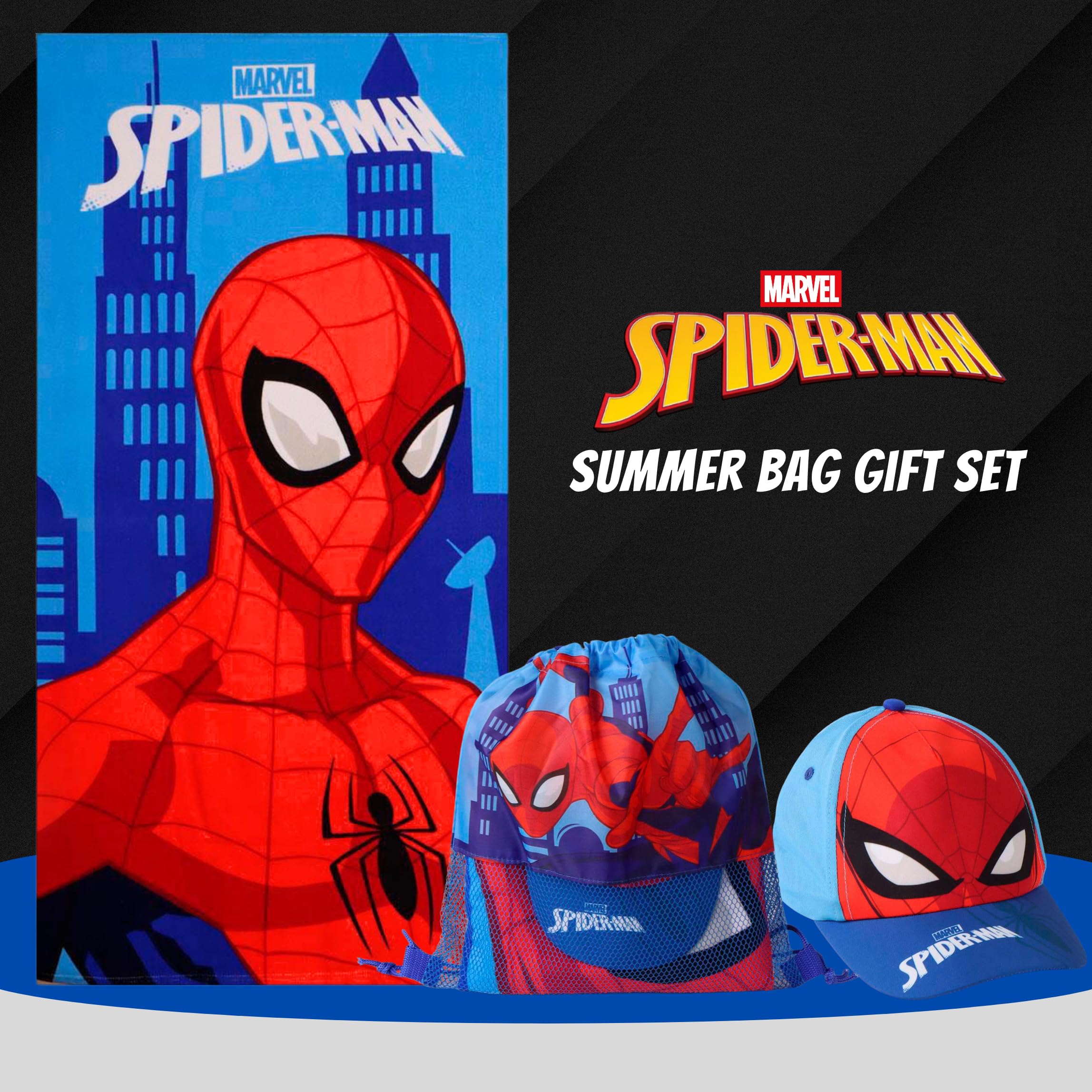 Marvel Spider-Man Set Composto da Cappellino da Baseball, Asciugamano e Zainetto con Coulisse, 3 Pezzi per Bambino, Regalo Estivo per Spiaggia, Piscina e Gite