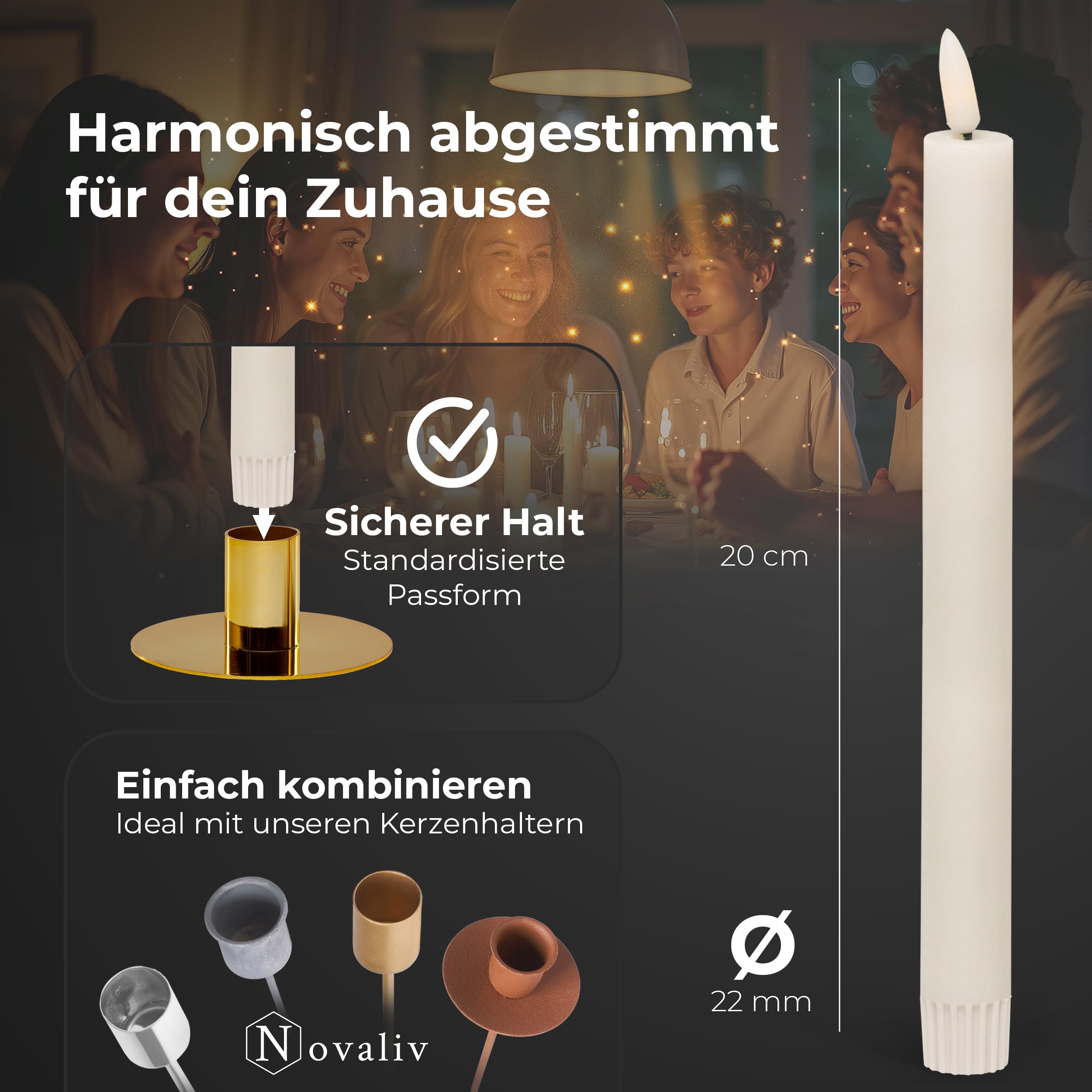 Novaliv Set di 12 candele a LED con funzione timer, colore bianco, con timer, 22 cm di altezza, per 2,2 cm di diametro, 1 batteria AA necessaria, candele a LED True Glow