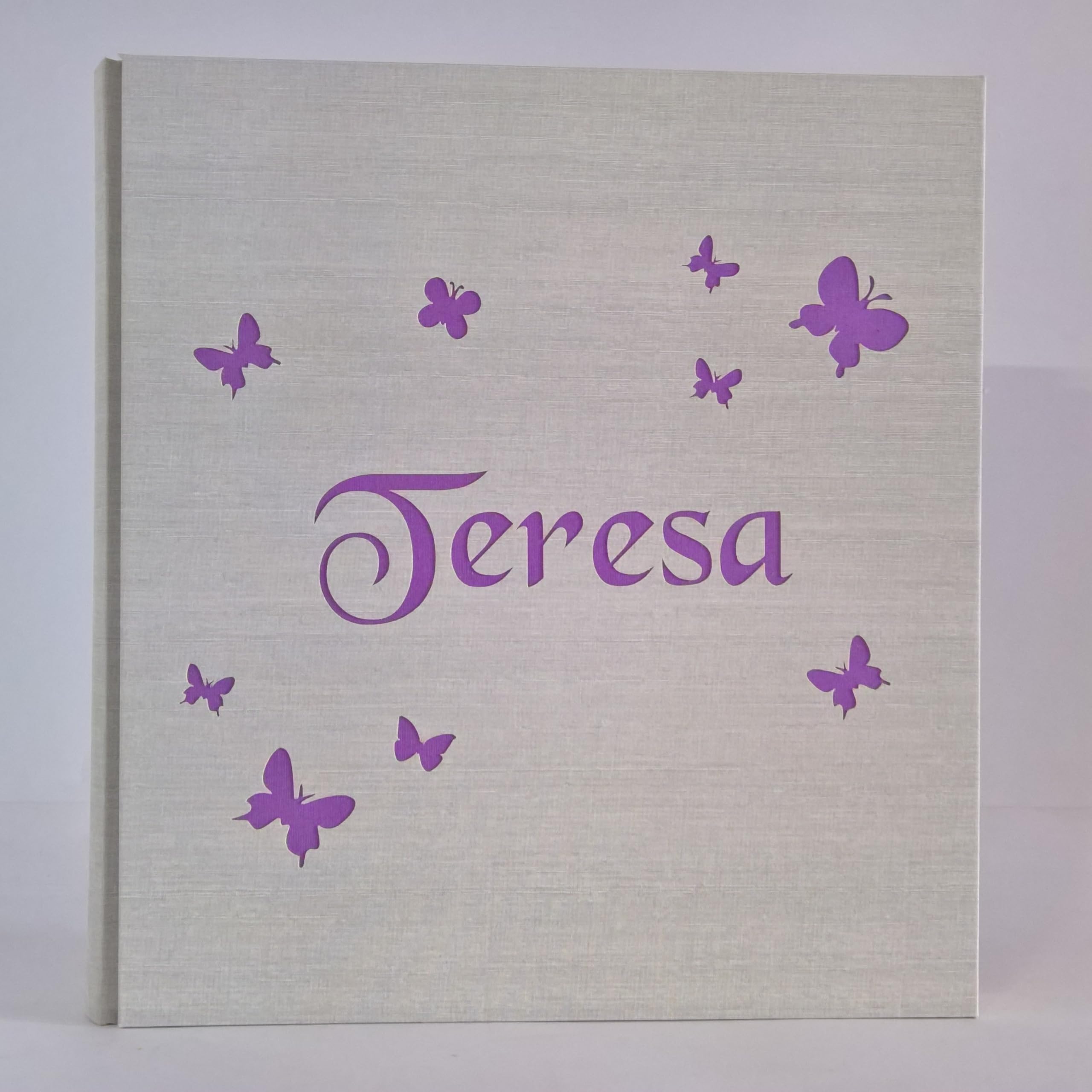 Album fotografico in TELA DI LINO FARFALLE con NOME BAMBINA INCISO E PERSONALIZZABILE A TUA SCELTA regalo originale NASCITA-BATTESIMO-COMPLEANNO-PRIMA COMUNIONE-CRESIMA COLORI PERSONALIZZABILI