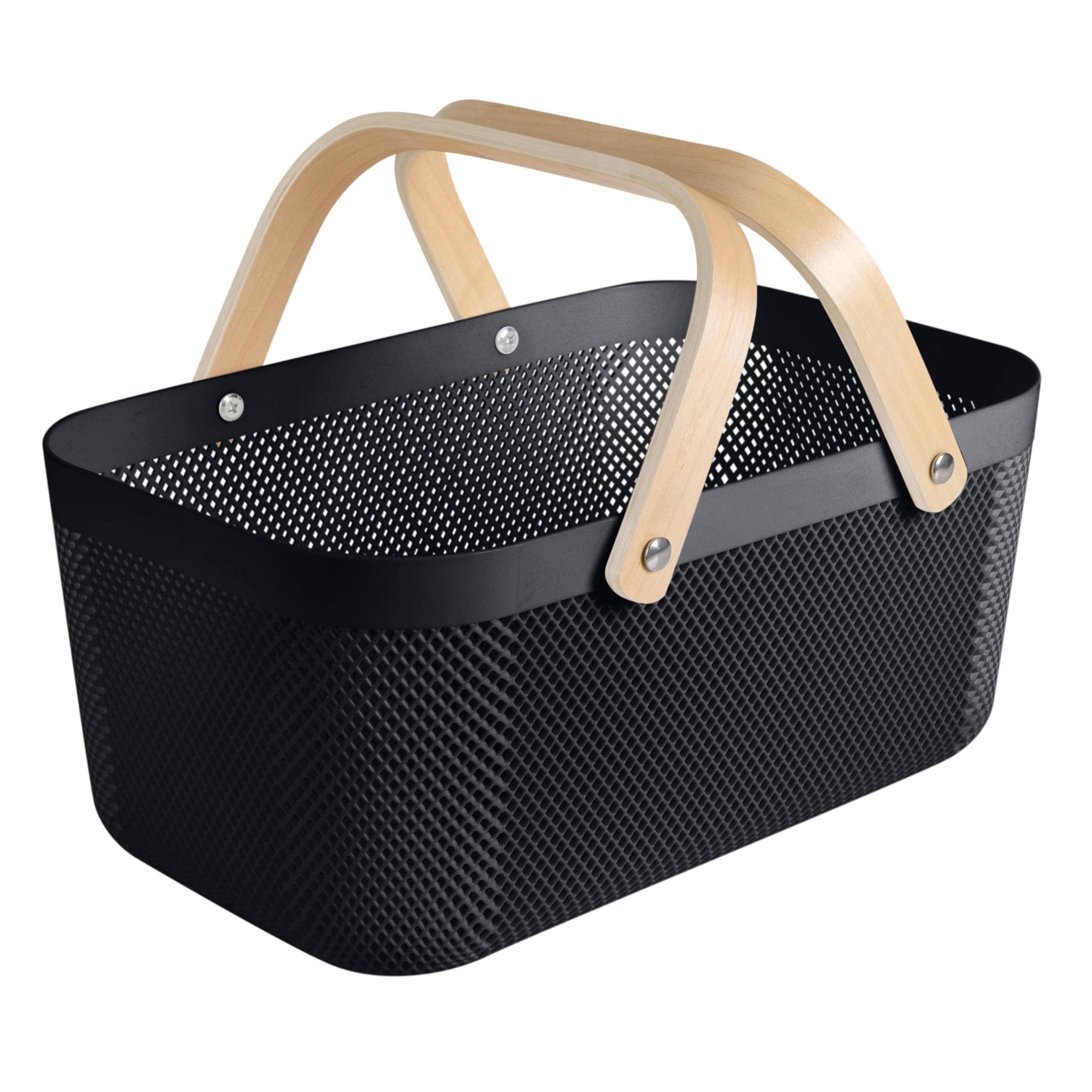 Simplify Large Mesh Plastic Storage Basket with Wooden Handle Black Color | Garden Harvest Organizer | Kitchen Pantry Storage Bin
