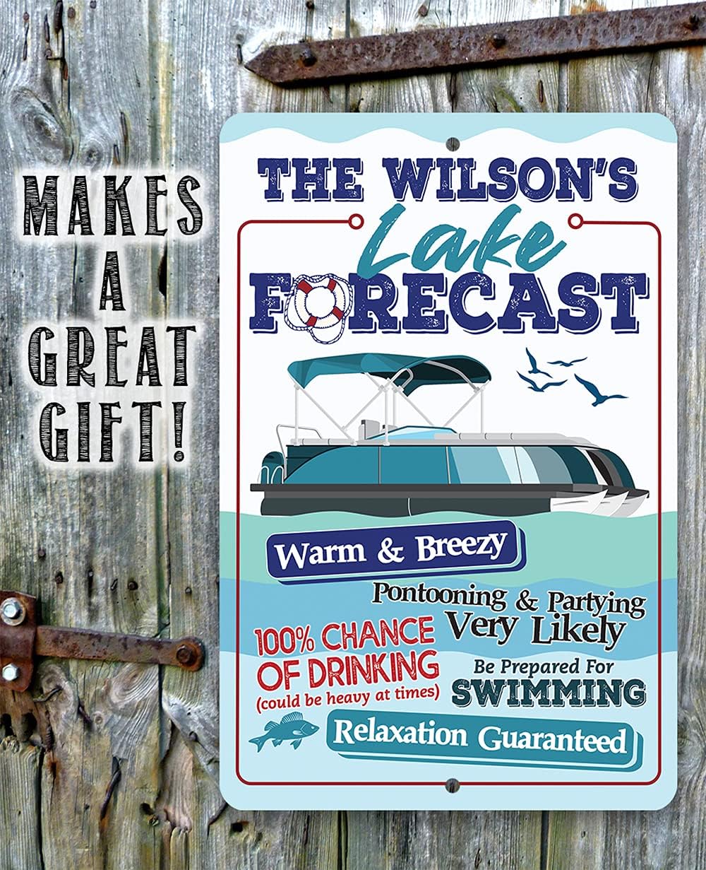Personalized Lake Forecast Pontoon - Great Lake House and Cabin Decoration, Boating and Fishing Summer Accessories, Custom Name Housewarming Gift, 8x12 or 12x18 Indoors or Outdoors Durable Metal Sign