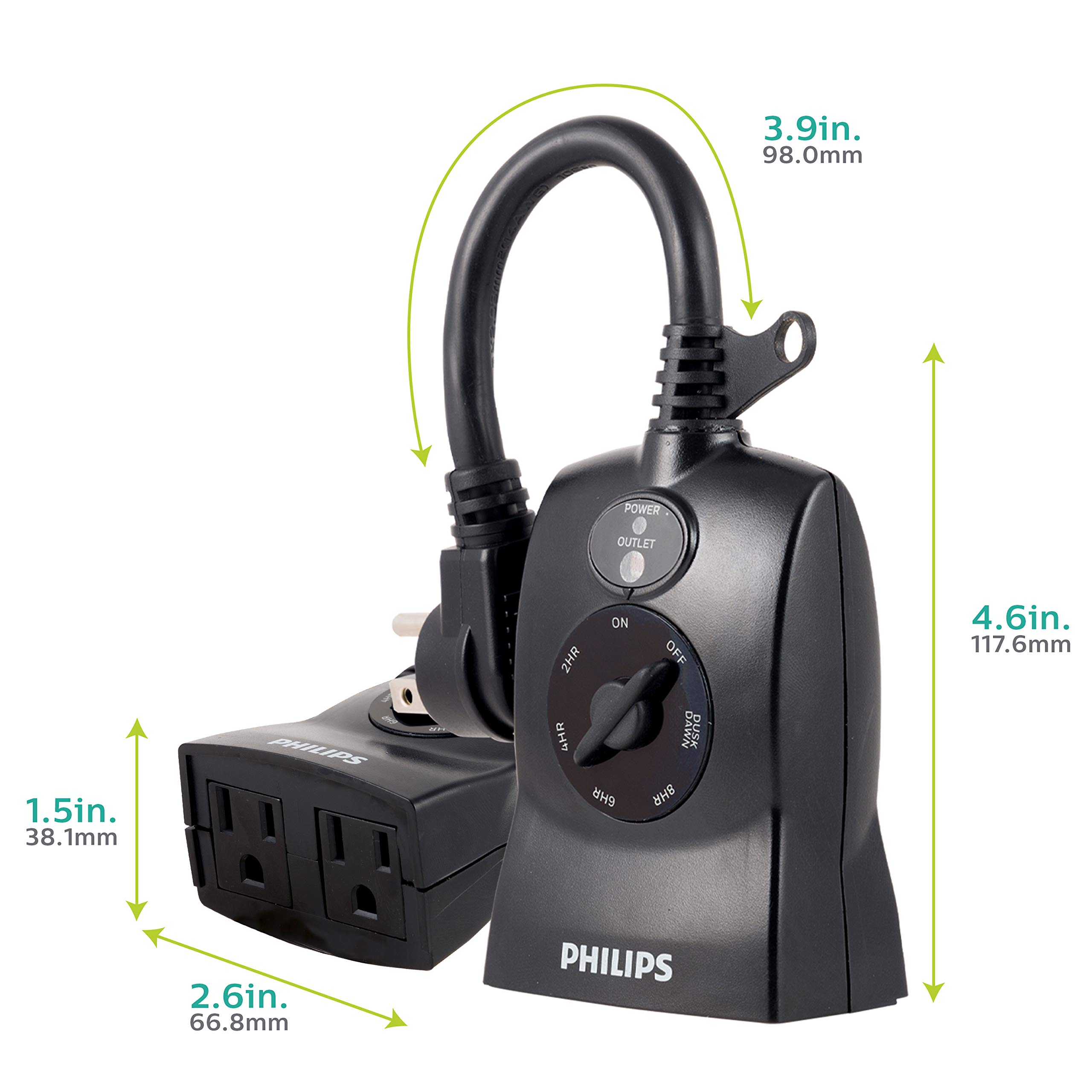 Philips Light-Sensor Plug-in Outdoor Mechanical Timer, Presets/Countdown, Dawn-To-Dusk, 2 Polarized Outlets, Override Switch, Ideal for Landscape, Seasonal Lighting, Décor, SPC1240AT/27