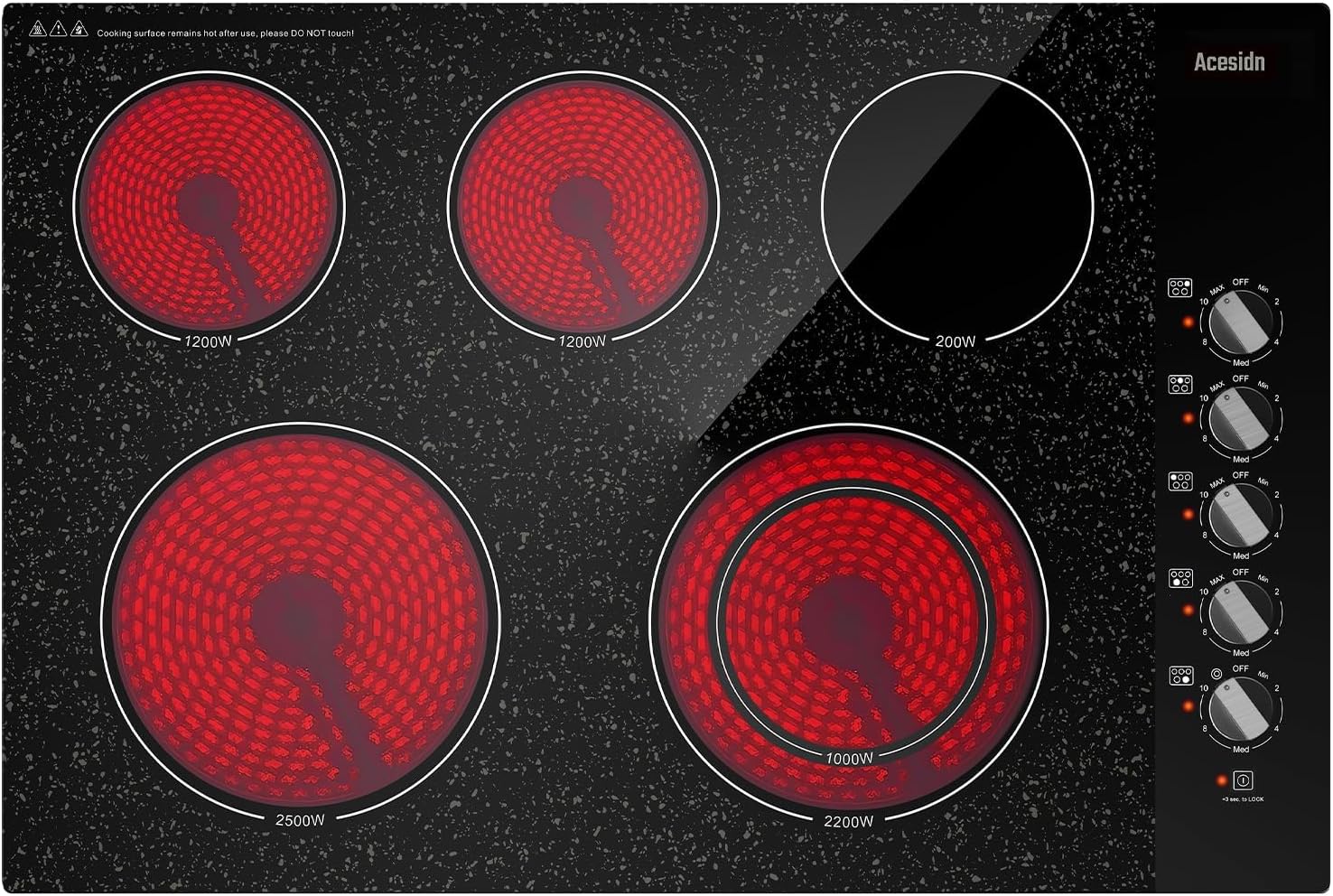 30 Inch Electric Cooktop 5 Burners, Built-in Electric Stove Top with 11 Power Levels, Knob Control, Keep Warm Function, Child Safety Lock, Hot Surface Indicator, 7300W, 220-240V for Hard Wire, No Plug