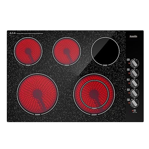 30 Inch Electric Cooktop 5 Burners, Built-in Electric Stove Top with 11 Power Levels, Knob Control, Keep Warm Function, Child Safety Lock, Hot Surface Indicator, 7300W, 220-240V for Hard Wire, No Plug