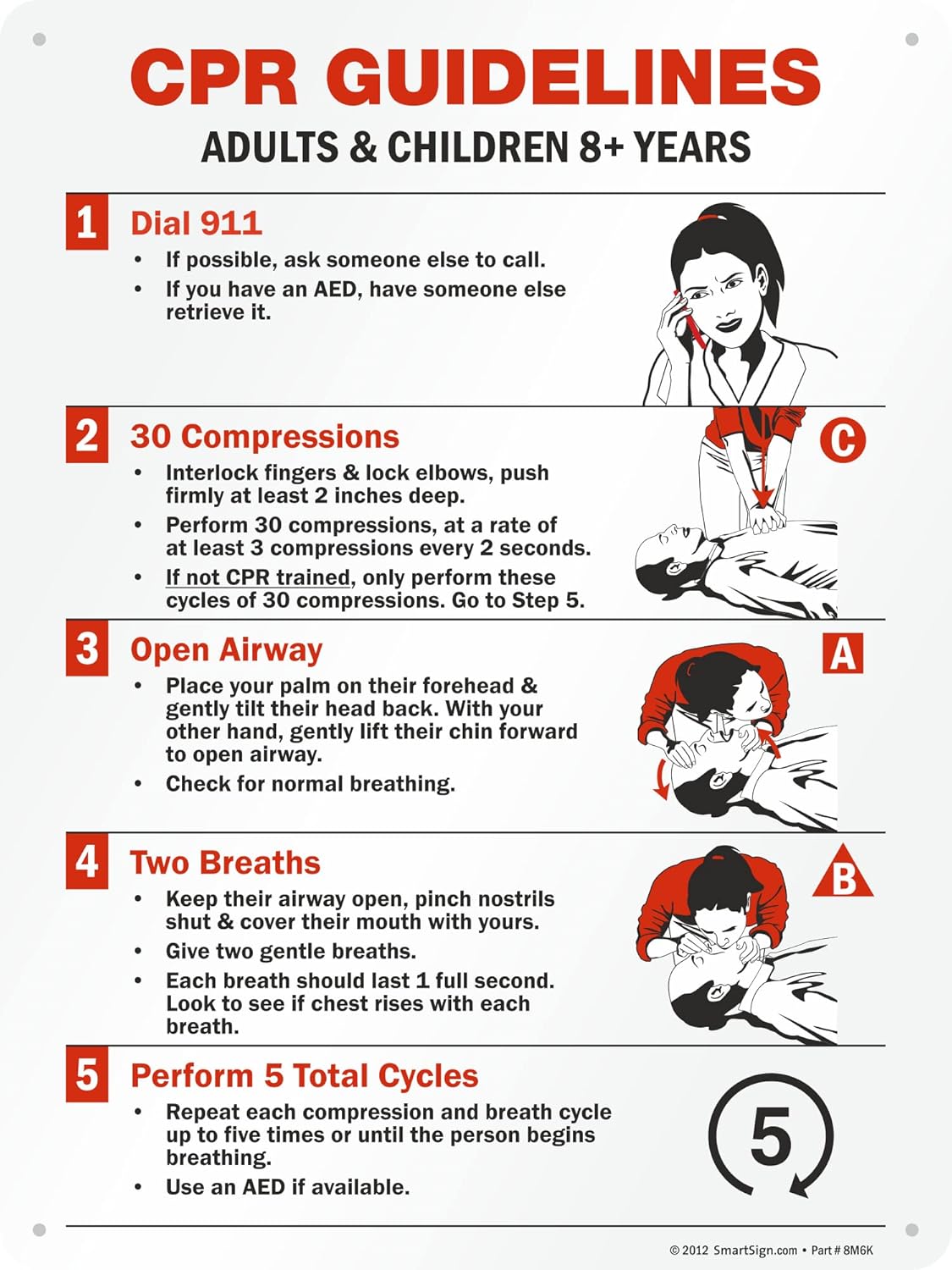 SmartSign "CPR Guidelines - Adults & Children 8+ Years" Sign | 12" x 18" Aluminum