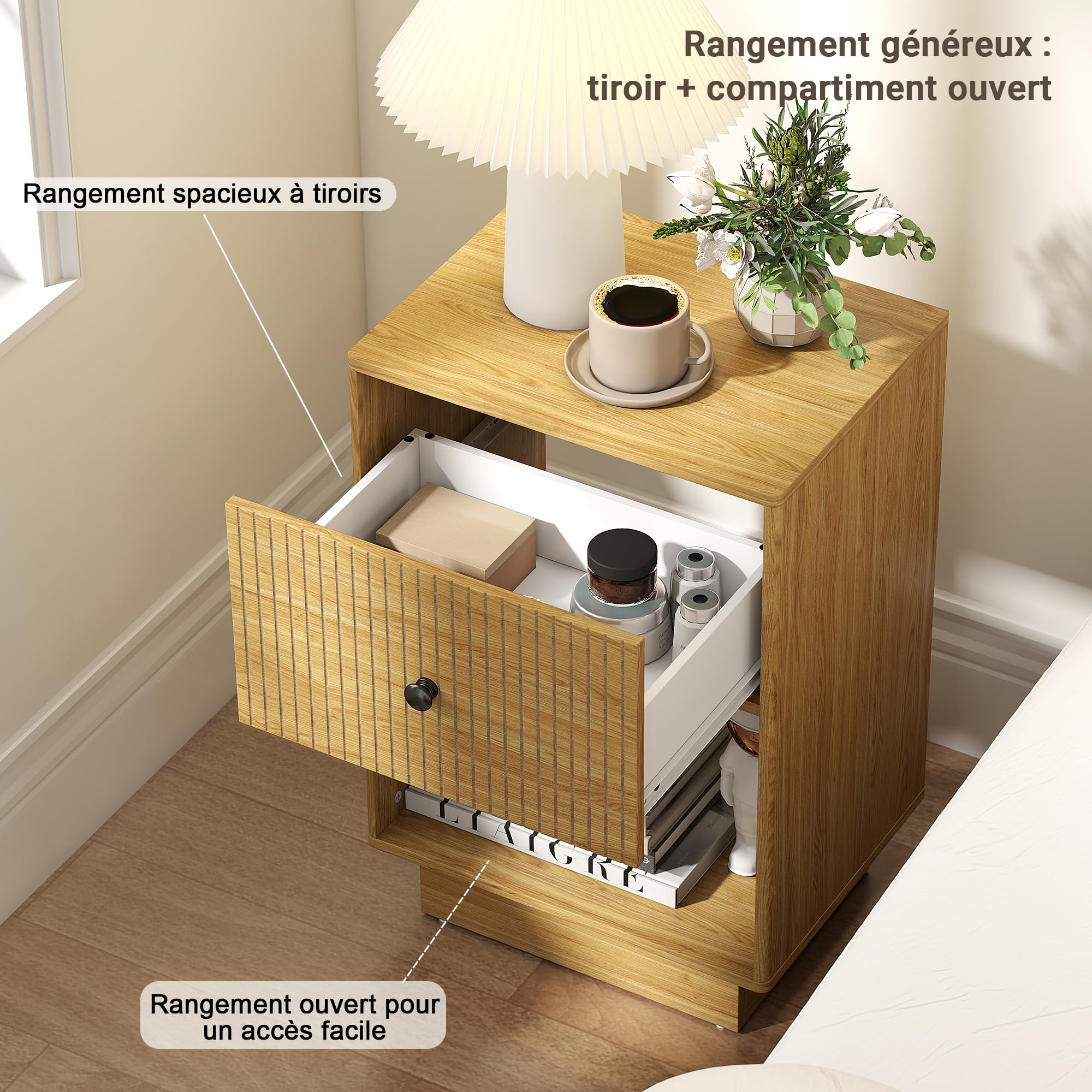 Table de Chevet, Moderne Table de Nuit Bois avec Tiroirs de Rangement et Compartiment Ouvert, Scandinave Table d'appoint pour chambre à Coucher, Salon, Burea, Petite Table de Chevet Haut (Chêne)