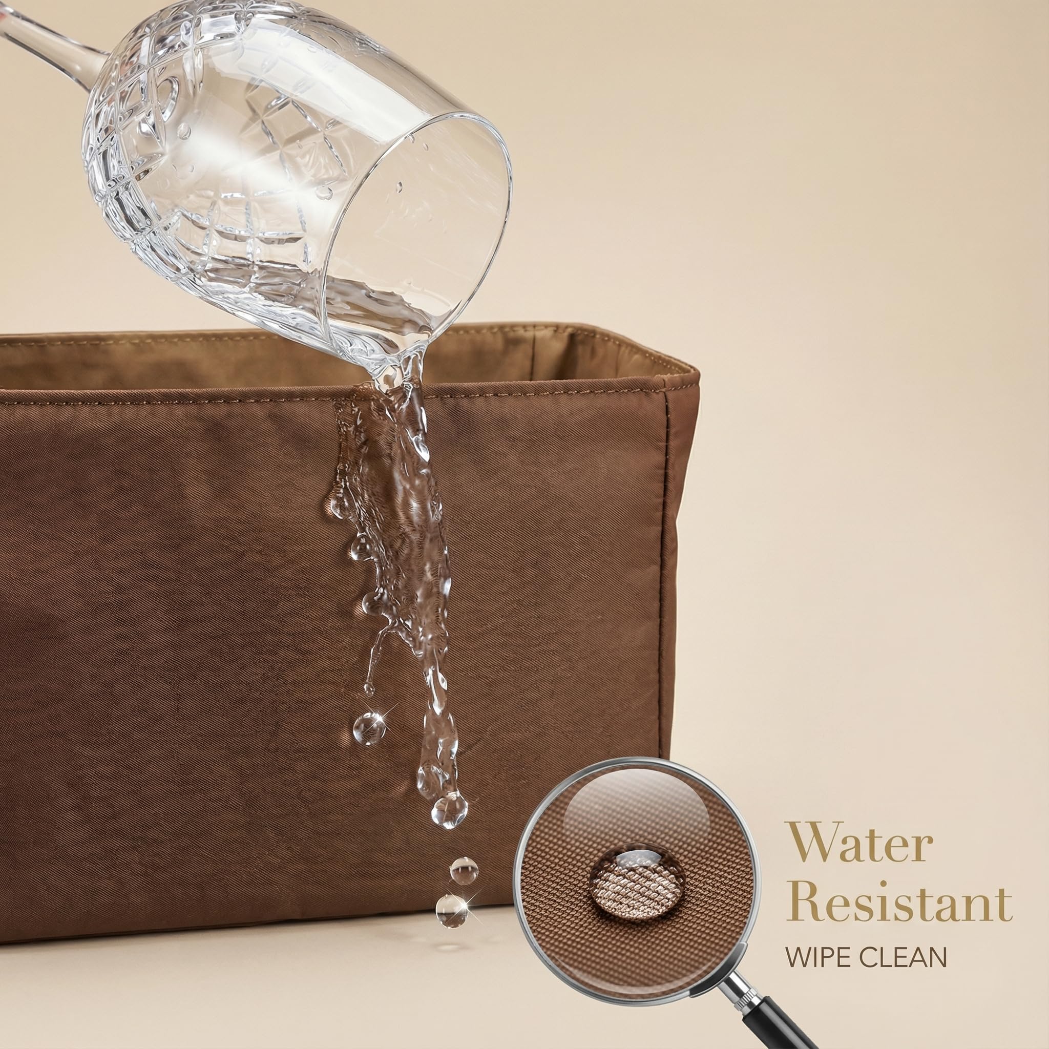 Organizador de nailon para bolso con moldeador de base (marrón, grande) | Volcuna Organizador resistente al agua para bolsas de mano, forro grande con portavasos y bolsa con cremallera