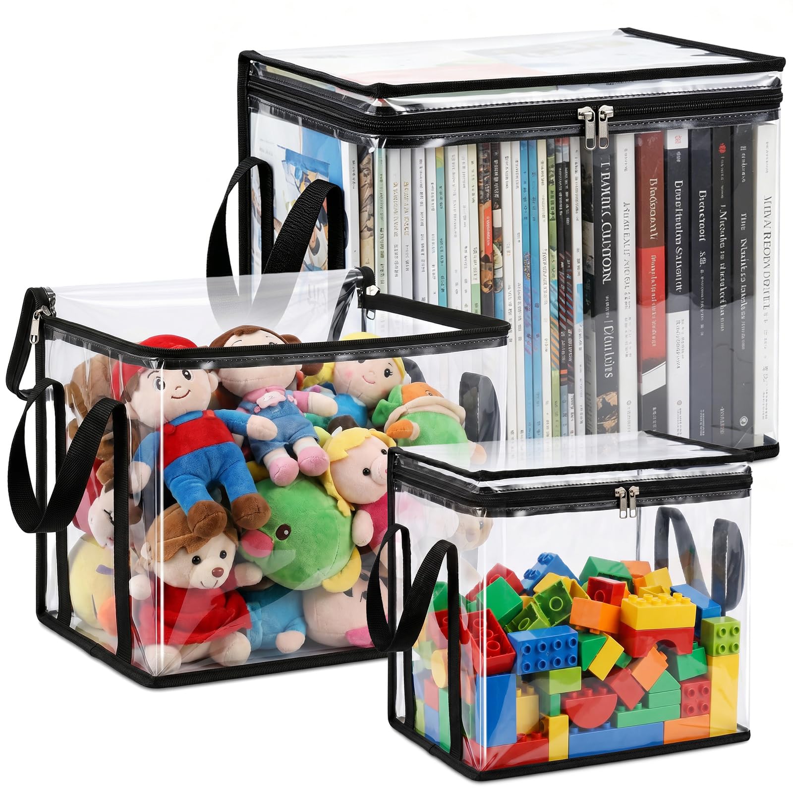 OLRWSLG 3 Pack Storage Boxes Clear PVC Toy Storage Bags Waterproof Reusable PVC Zipper Pouch Organizer Bag Foldable Plastic Boxes with Lids and Handle for Book Building Blocks Puzzles Storage 3 Size