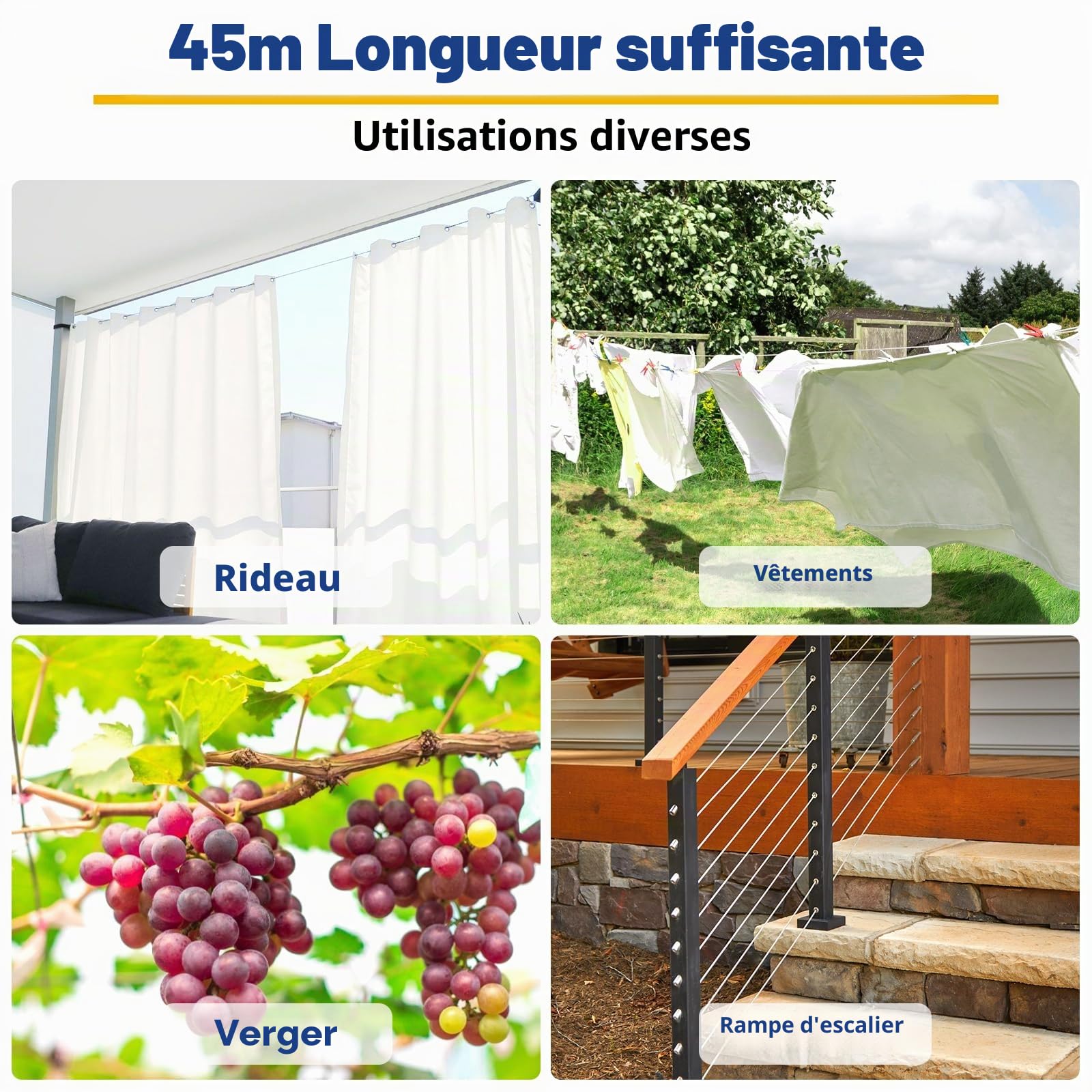 Corde en Acier Inoxydable à Suspendre Kit, 45M 2,5mm Câble en Acier Inoxydable, 304 Cable Acier Inoxydable Enduit de PVC, avec Tendeur Cable, pour Plante Grimpante,Corde à Linge