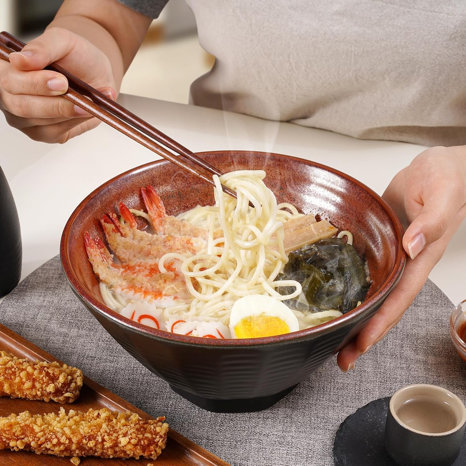 NUTRIUPS Ceramic Ramen Bowl Set of 2 Noodles Bowl with Chopsticks and Spoons, 50oz Large Ramen Bowl- Rusty Red Brown - Image 7