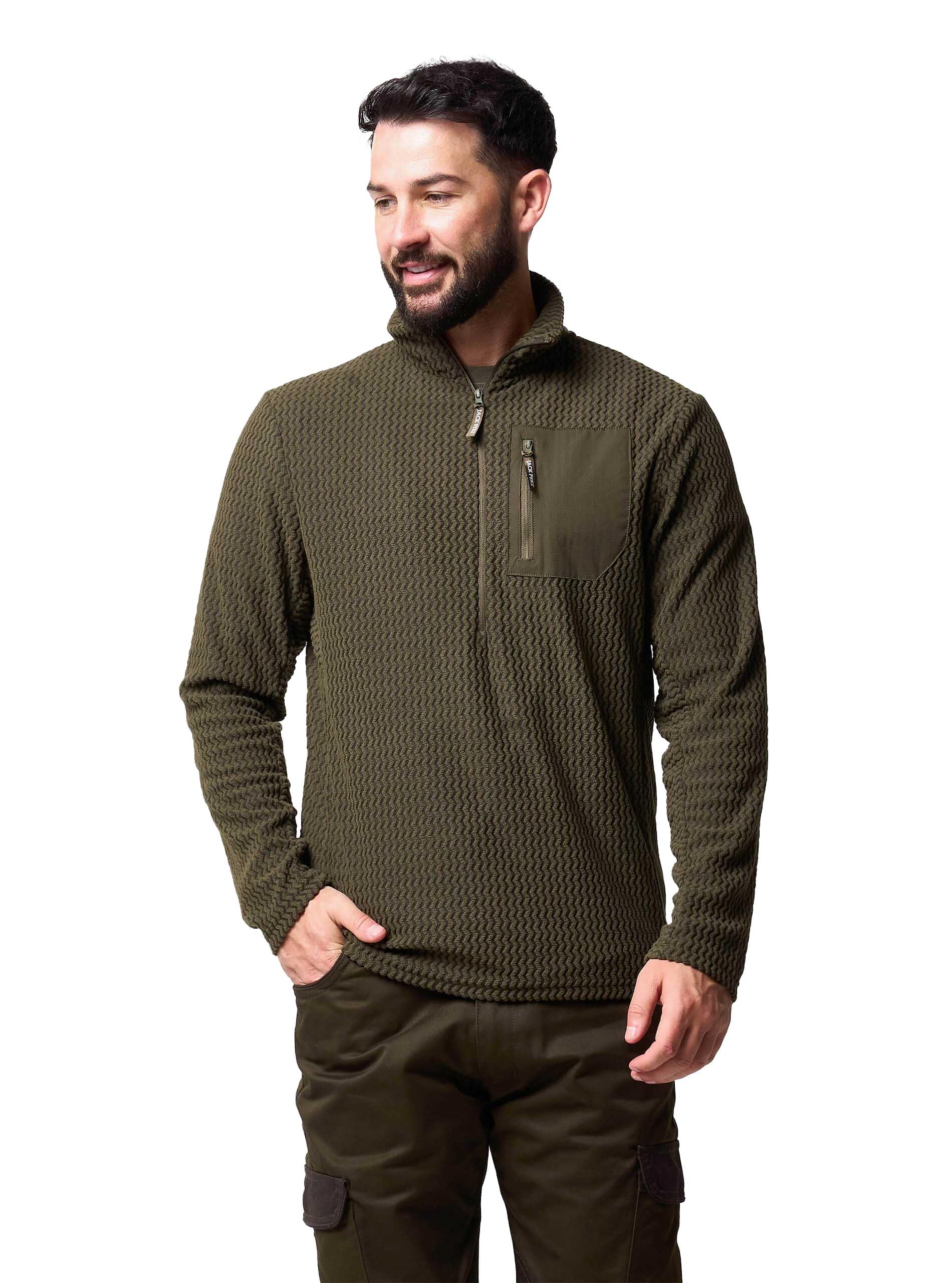 JACK PYKE Men’s Fleece Pullover Top – 160gsm Lightweight Quarter Zip Fleece Jacket, 100% Polyester, Zipped Chest Pocket, Field Jumper for Hiking, Work & Outdoor Wear - Green, Medium