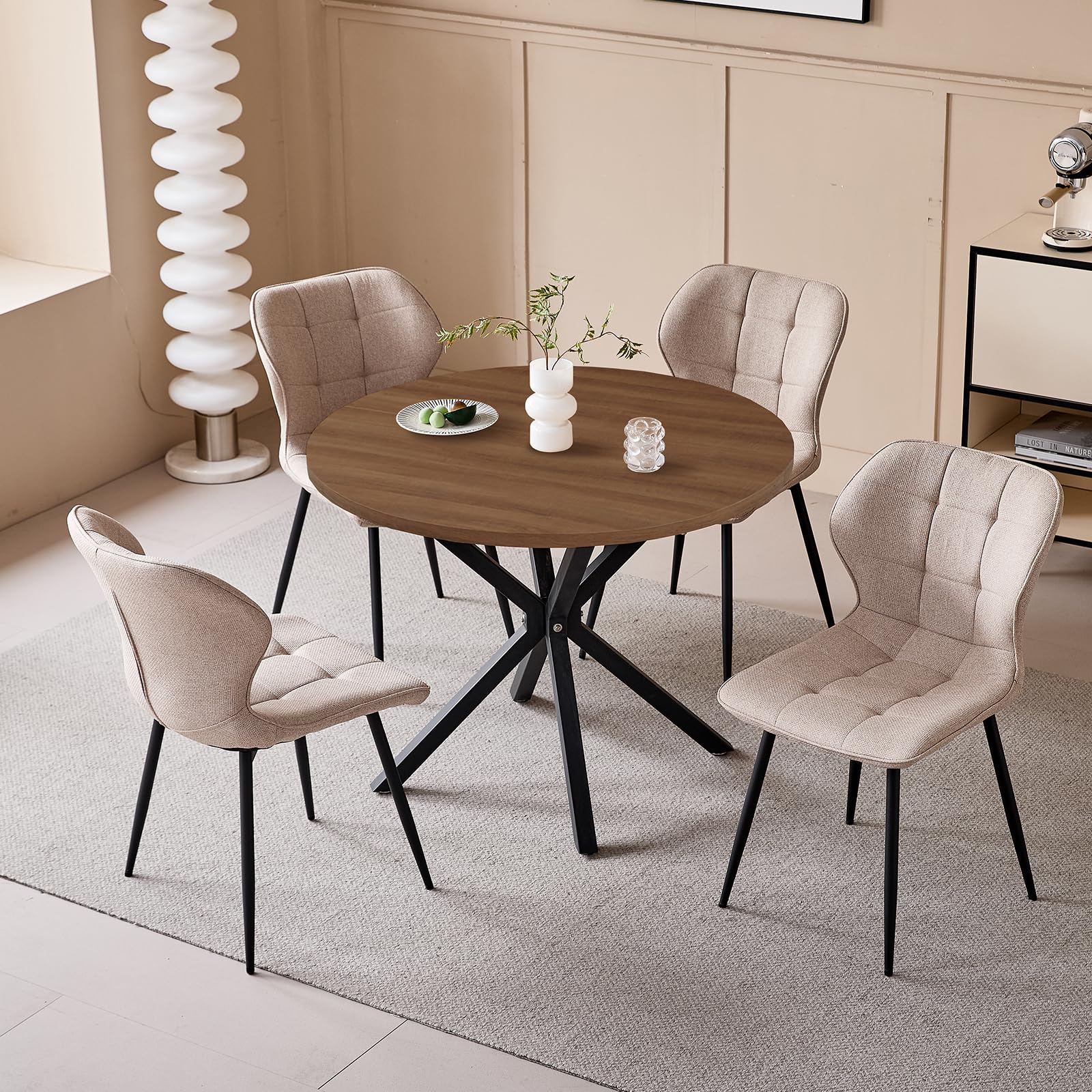 Set Tavolo e Sedie da Pranzo Nordico, Tavolo da Pranzo Rotondo da 100 cm con Venature del Legno Chiaro + Set di 4 Sedie da Pranzo in Lino Kaki con Gambe in Metallo
