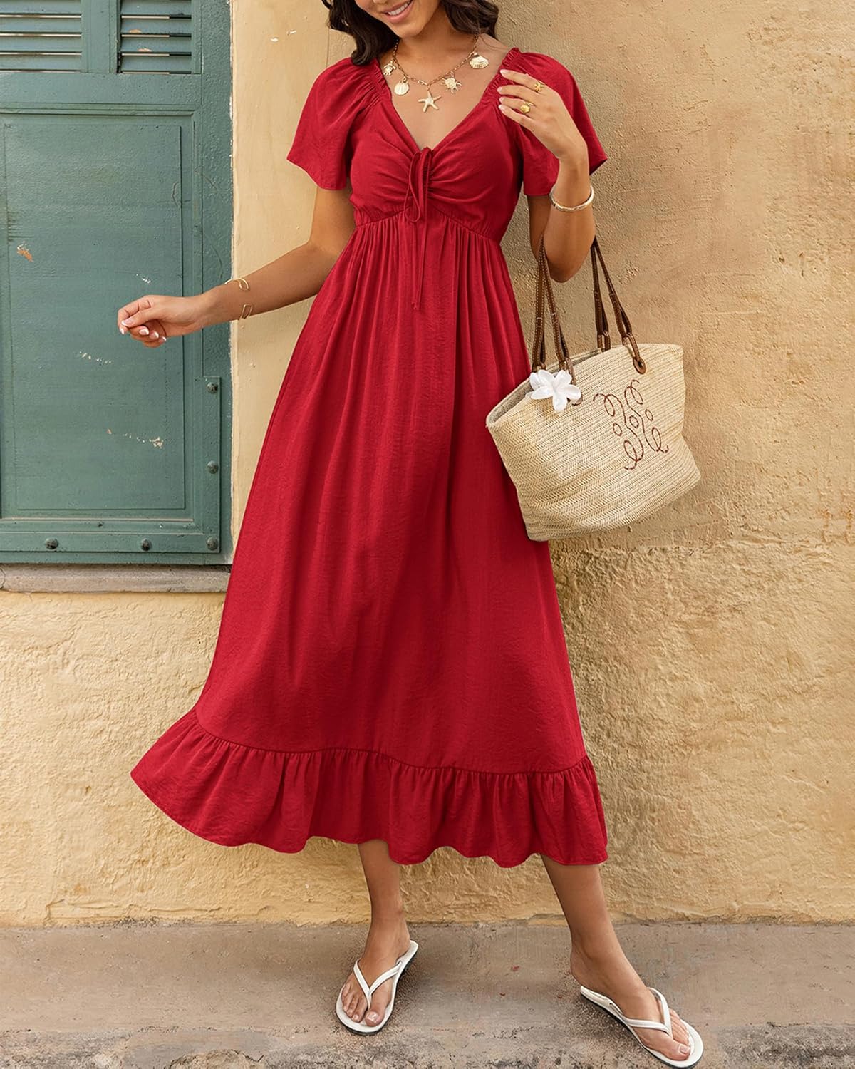BTFBM Womens Spring Dresses 2026 Casual Short Sleeve V Neck Drawstring Wedding Guest Maxi Dresses Boho Beach Long Dress - Image 6