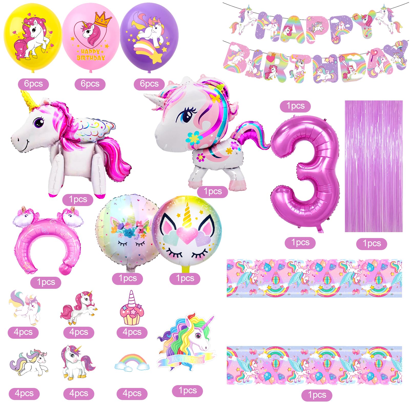 Set Di 13 Palloncini Per Festa A Tema Unicorno - XXL Con Unicorno 3D, Arcobaleno E Striscione Happy Birthday, Decorazioni Compleanno Ragazze