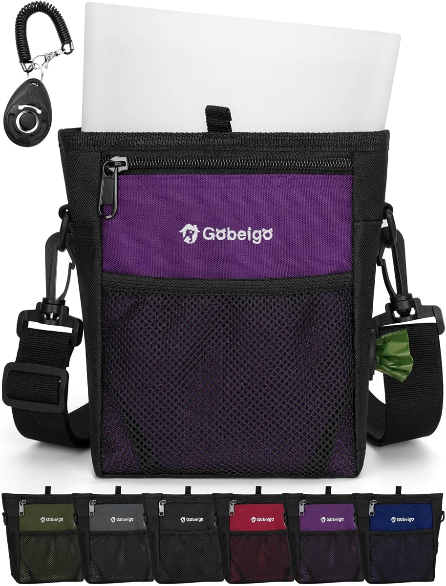 4 Cup Dog Treat Pouch with Silicone Insert Bag& Clicker(Purple) | 2 Pair Magnetic Closures, Belt Clip/Waist Belt/Crossbody Wear, Zipper Pocket Poop Bag Holder for Pet Training/Daily Walking