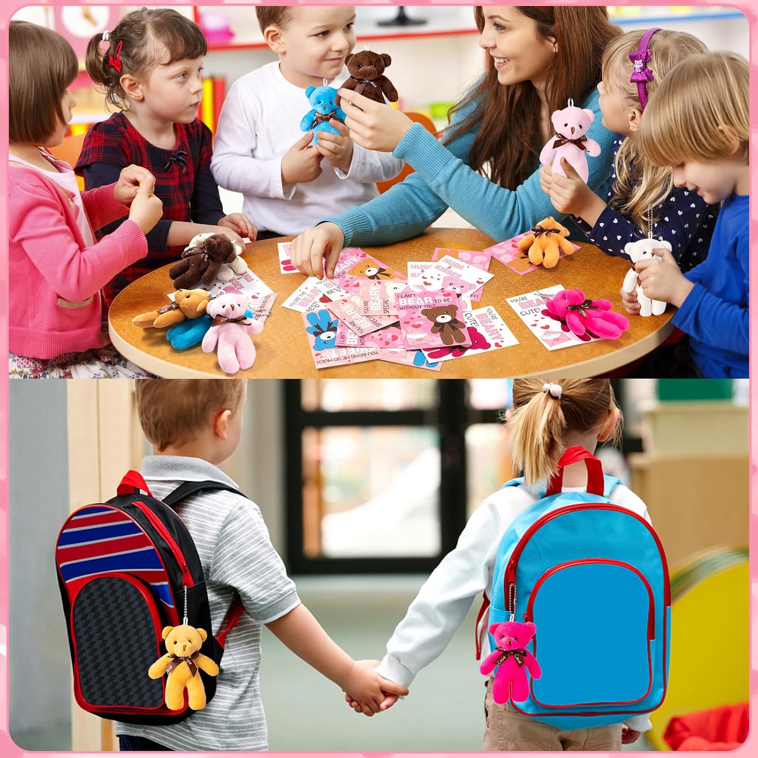 28 Pack Valentine's Day Gift Cards for Kids with Mini Bear Plush Toys Keychain, Mini Stuffed Animal Plush Toys Party Favors for Valentines Day Gifts, Kids Classroom School Exchange Valentines Gifts