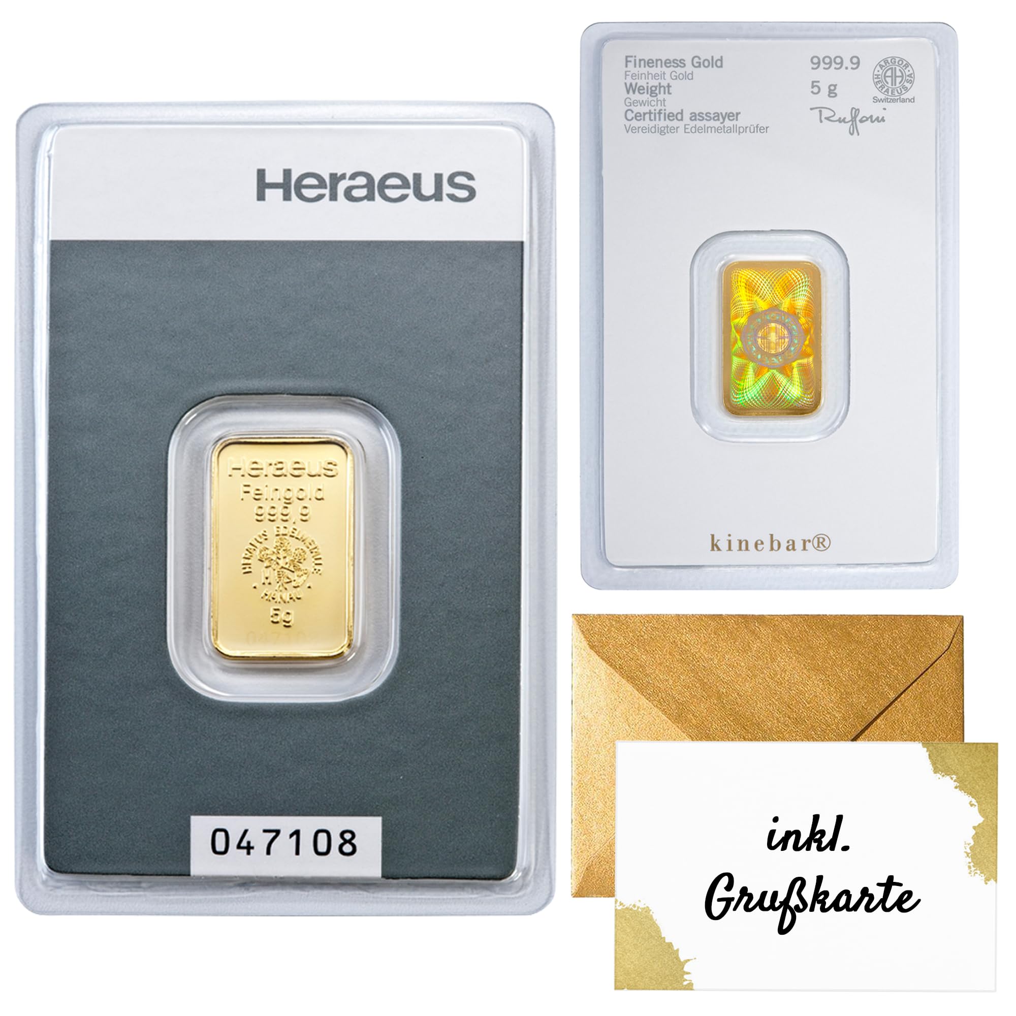 Heraeus Kinebar Goldbarren Feingold 999.9 – mit Hologramm, Seriennummer & Zertifikat – original Blisterkarte – inkl. Grußkarte & Geschenkumschlag (5g Gold)