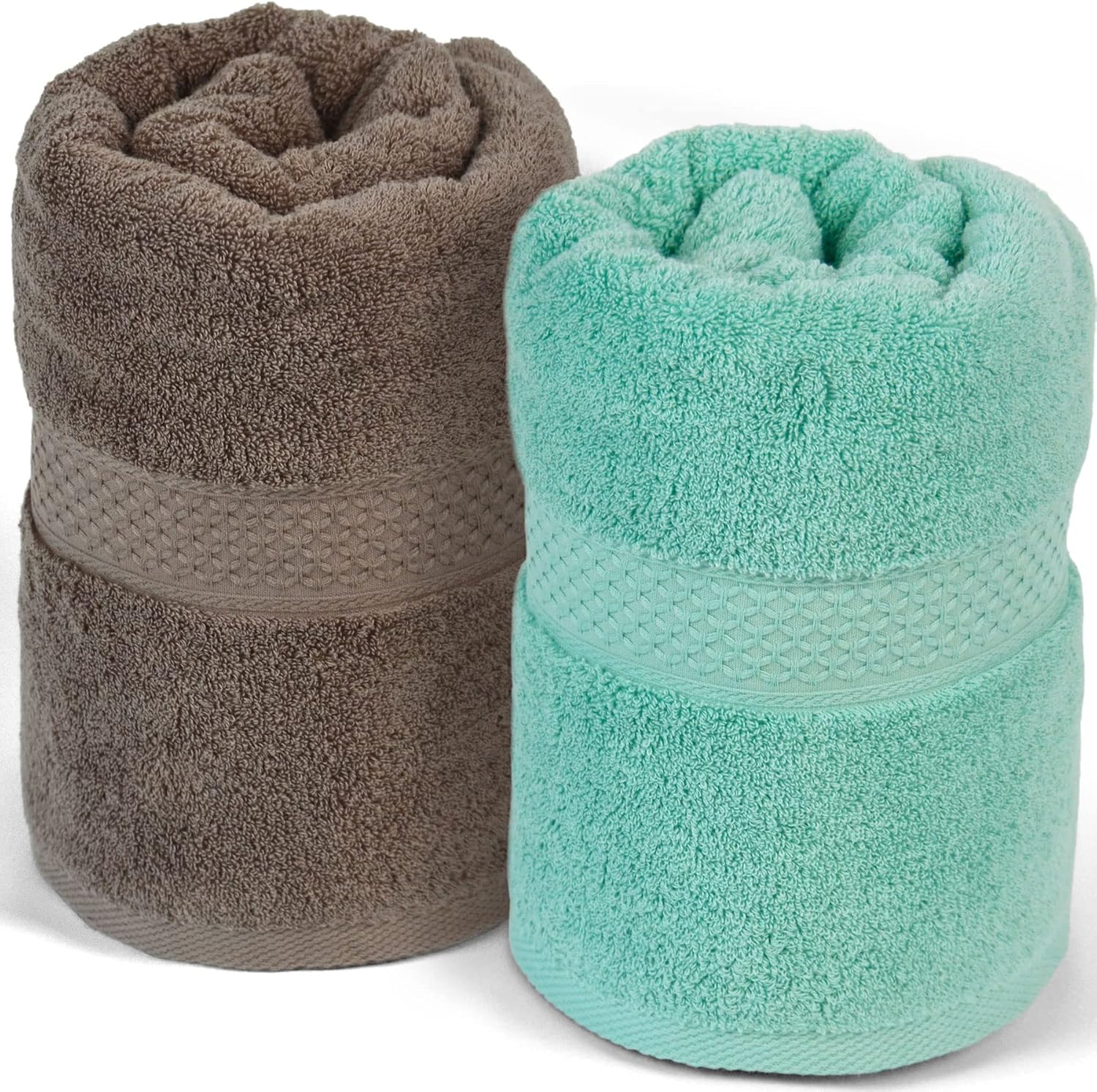 Cleanbear Bath Towels Set of 2 Shower Towels Ultra Soft Cotton Towel for Bathrooms 2 Colors 55 by 27 Inches Thick Bath Towel for Body Drying (Light-Brown and Teal)