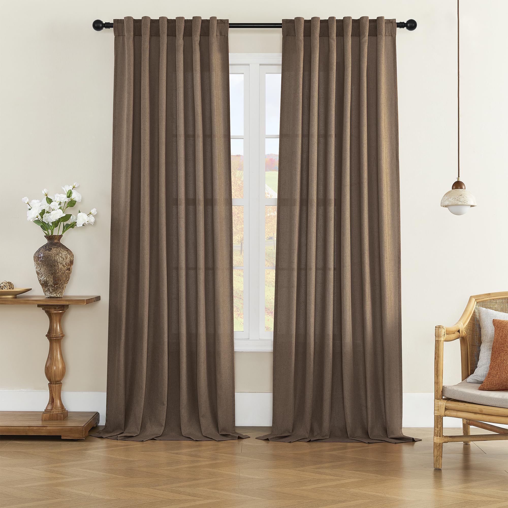Brown Linen Sheer Curtains and Drapes 96 inches Long, Rod Pocket & Back Tab Semitransparent with Light Through Window Treatments for Sliding Glass Door & Living Room, 60" W, Set of 2