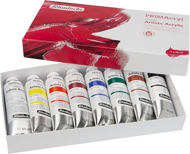Schmincke - PRIMAcryl® finest premium acrylic colours, basic assortment 8 x 60 ml, 73002097, boxed set, highest pigmentation, brilliance, opacity, yield