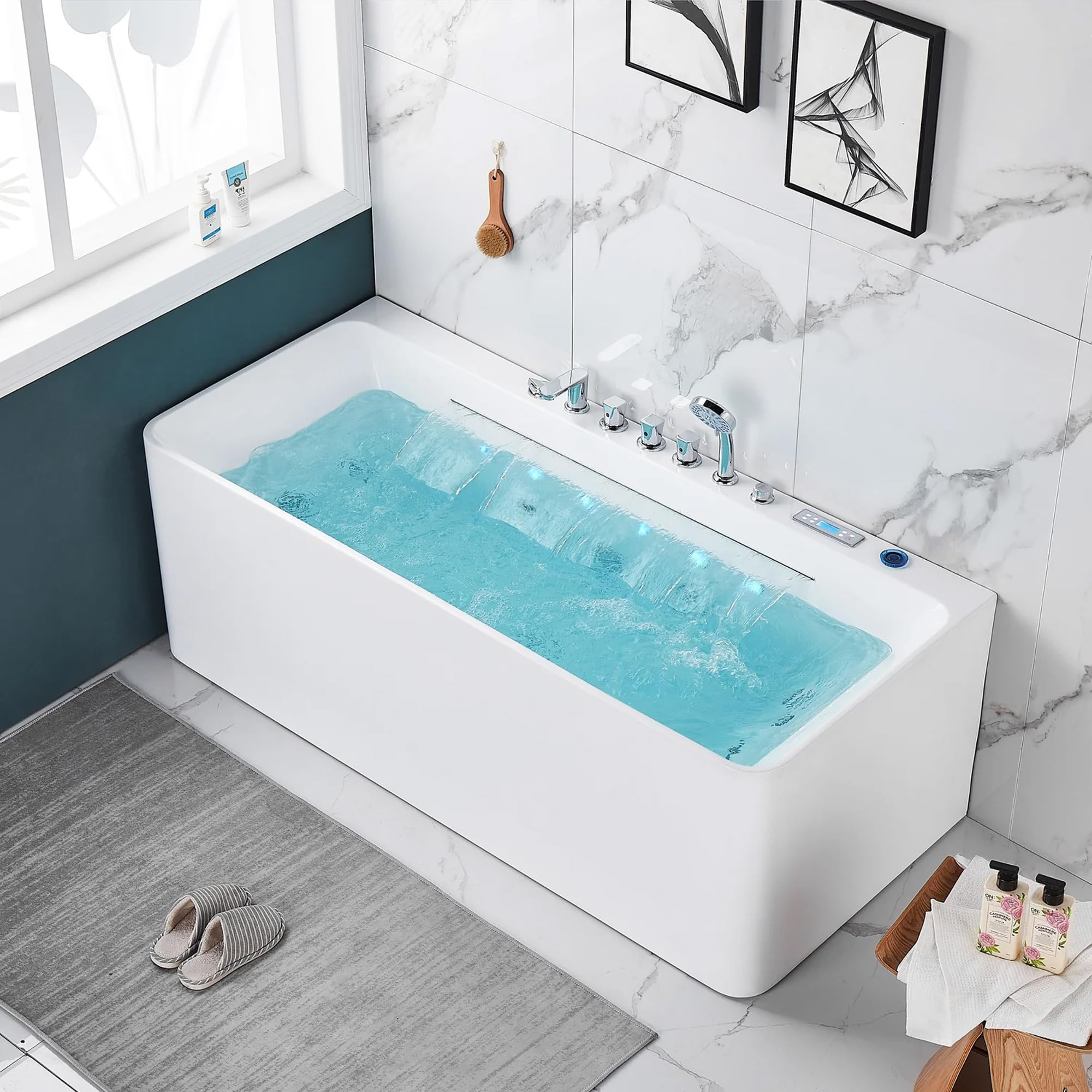 Ivanees 67” Whirlpool Freestanding Soaking Acrylic Jetted Rectangular Bathtub with Waterfall SPA Hydro Massage & Chromatherapy, LED Control Panel with
