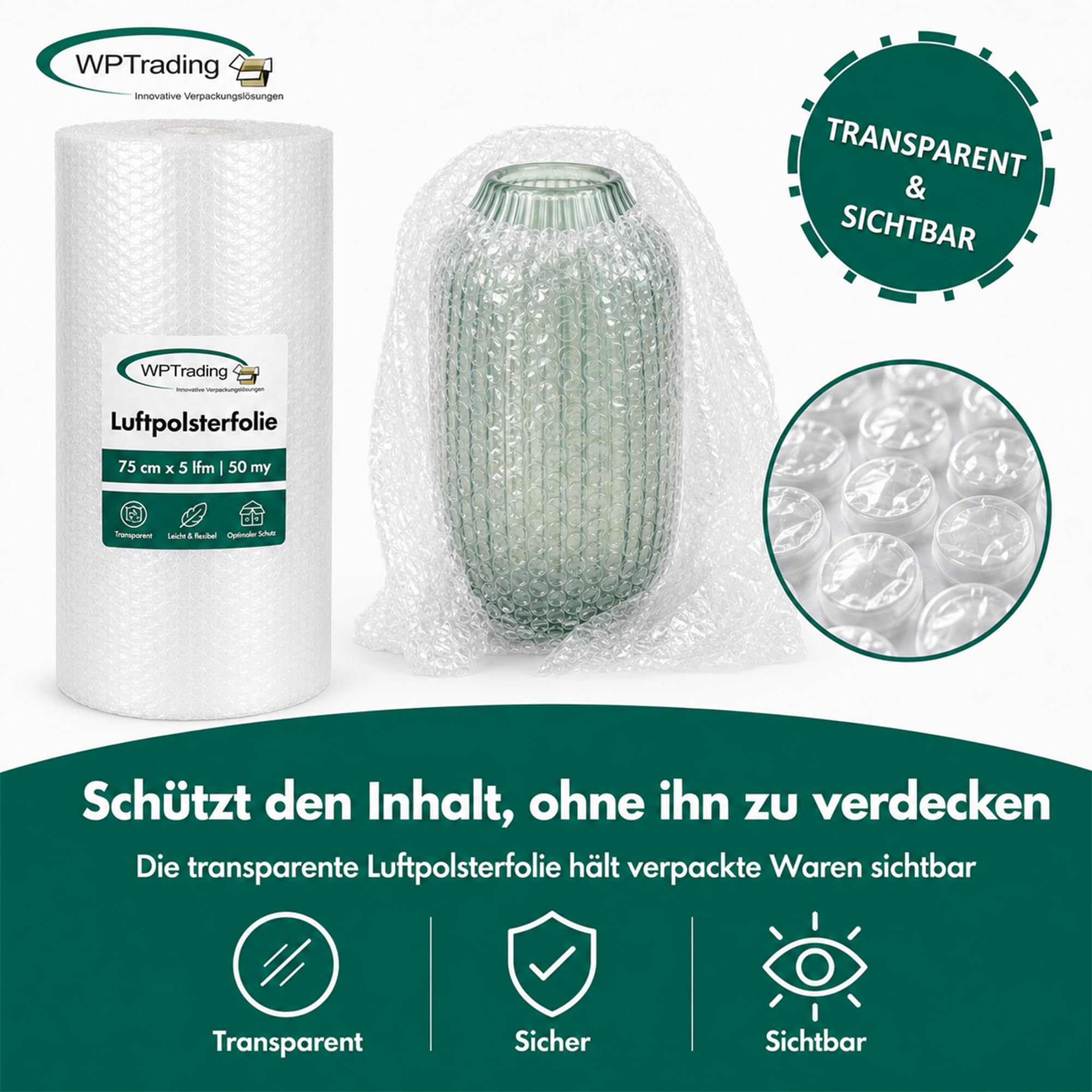 9 x Rolle Luftpolsterfolie 75 cm x 5 m (2-lagige mit 50 my) - Noppenfolie 75cm breit mit Noppenhöhe 5 mm - Stoßdämpfende Verpackungsfolie reißfest & transparent für Versand & Umzug