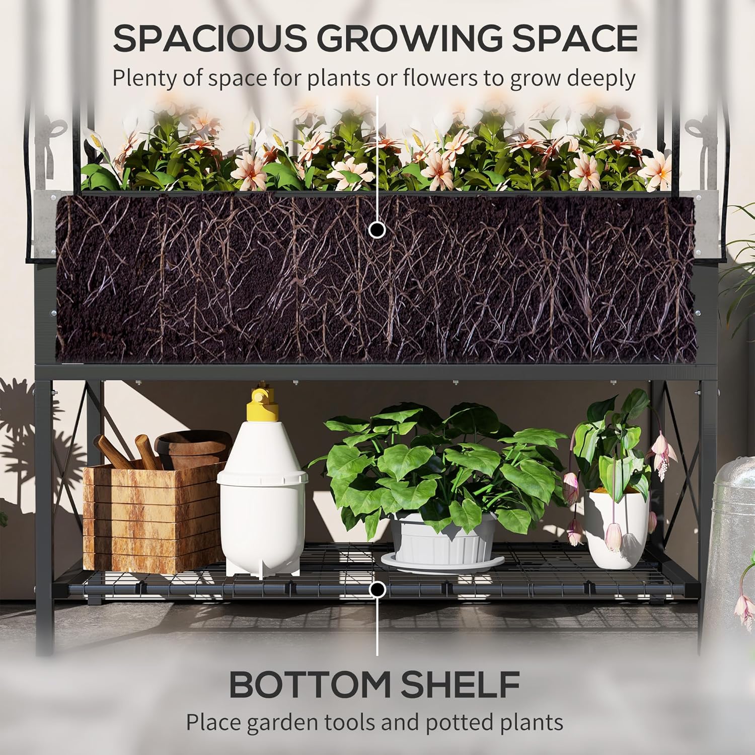 Outsunny Raised Garden Bed with Cover and Storage Shelf, Rectangular Metal Elevated Planter Box with Legs and Bed Liner for Vegetables, Flowers, Herbs, Dark Gray
